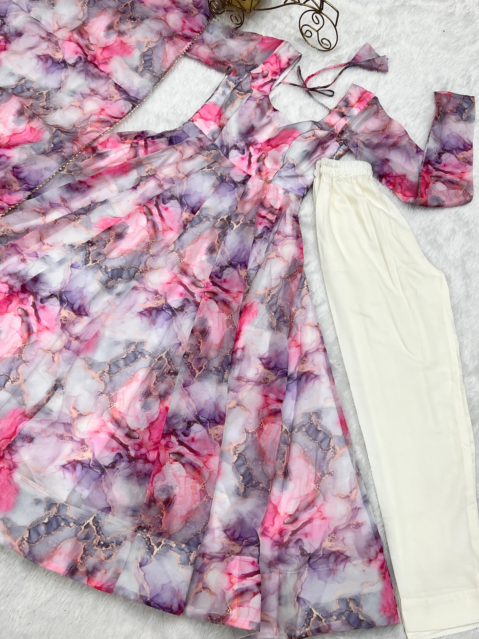 Graceful Organza Silk Floral Digital Printed Anarkali Pant Suit - INDIAN ELEGANCE