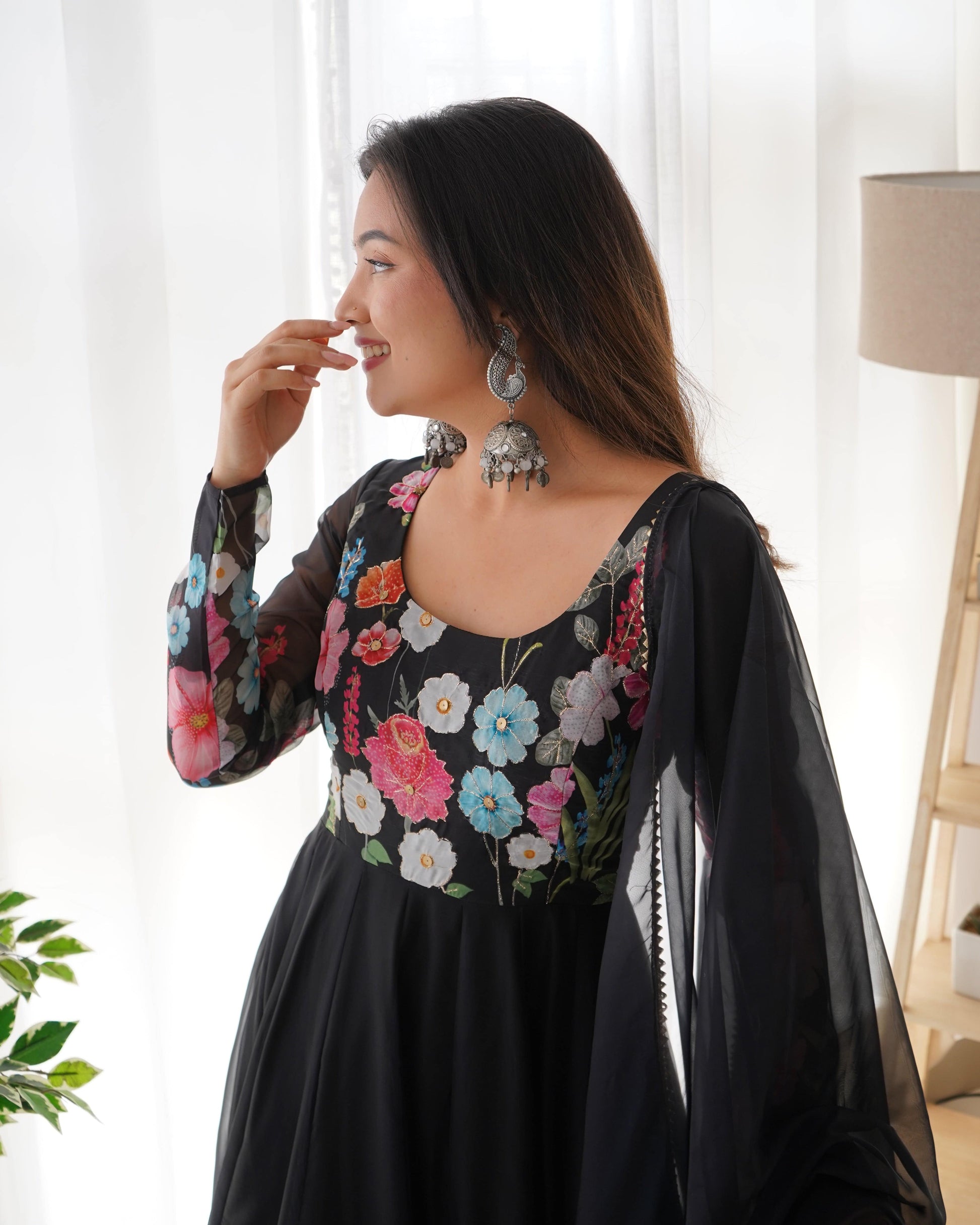 Breathtaking Organza Silk Floral Printed Designer Anarkali Pant Suit - INDIAN ELEGANCE