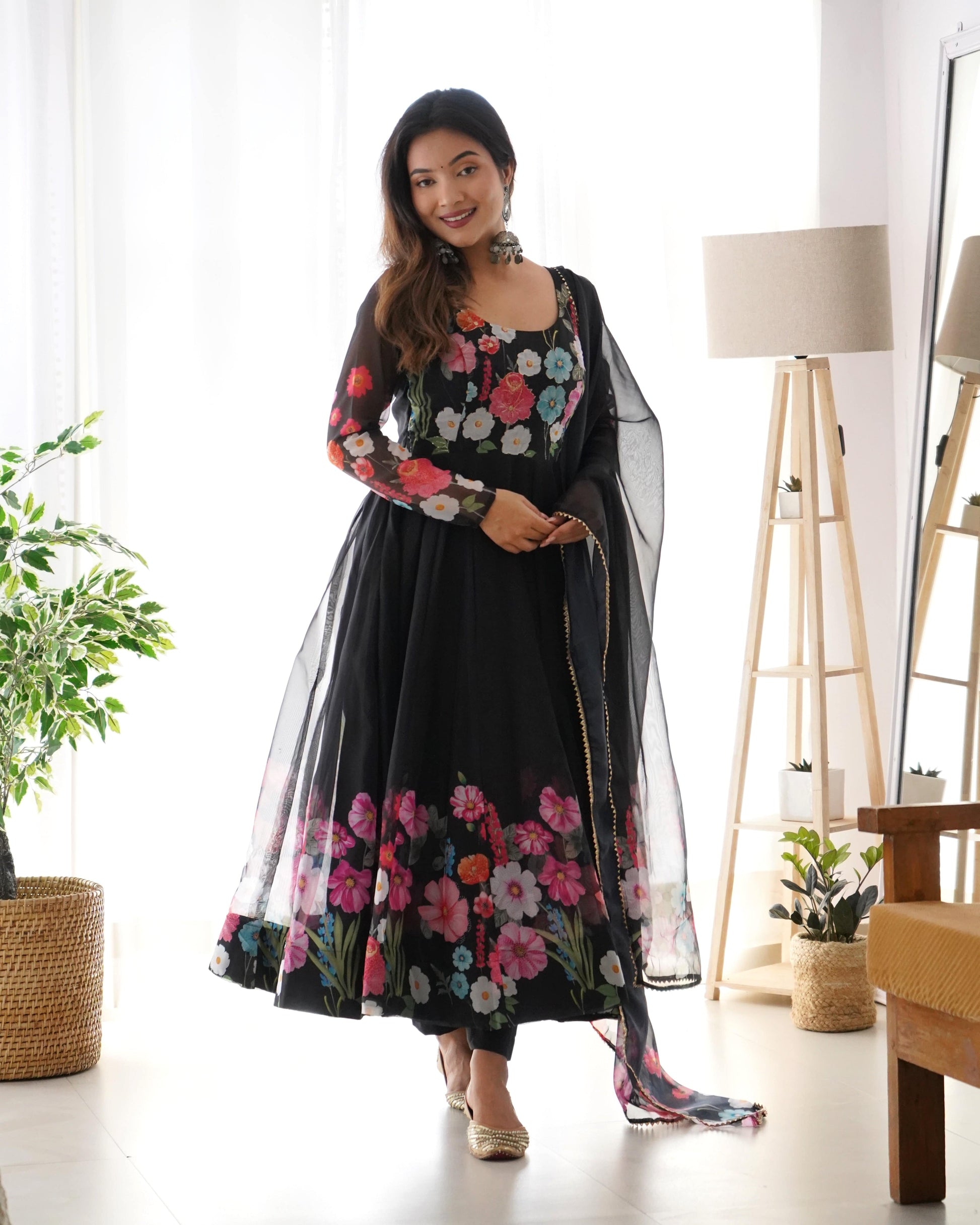 Breathtaking Organza Silk Floral Printed Designer Anarkali Pant Suit - INDIAN ELEGANCE
