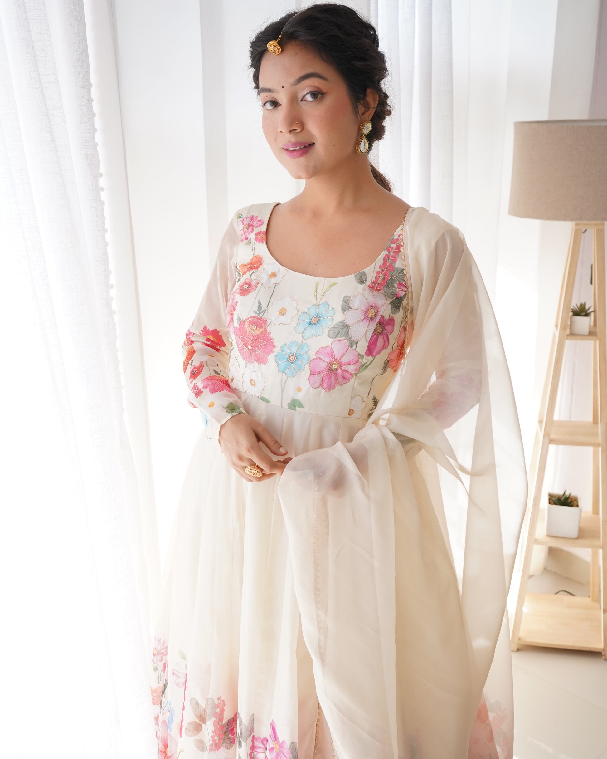 Breathtaking Organza Silk Floral Printed Designer Anarkali Pant Suit - INDIAN ELEGANCE
