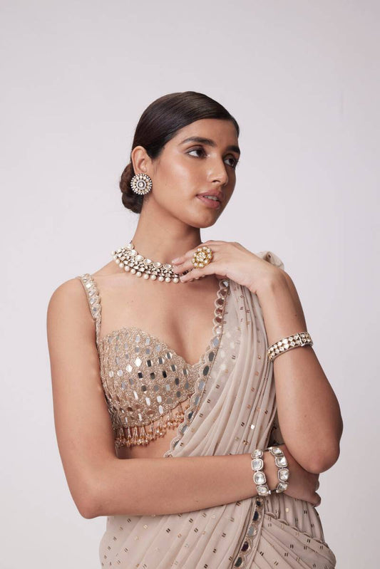 Women’s Party Wear Ready-Stitched Saree with Real Mirror Work