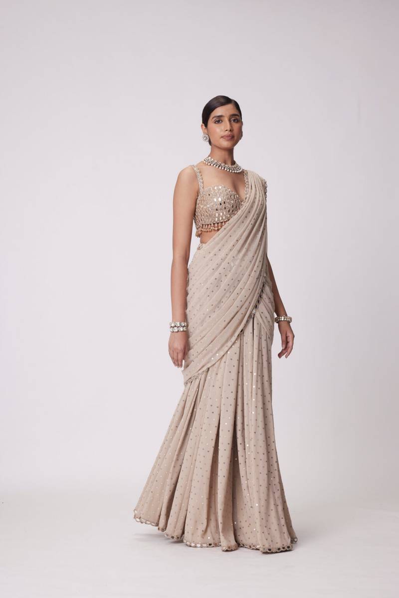 Women’s Party Wear Ready-Stitched Saree with Real Mirror Work