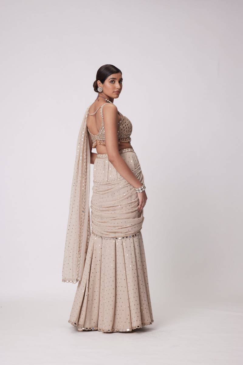 Women’s Party Wear Ready-Stitched Saree with Real Mirror Work