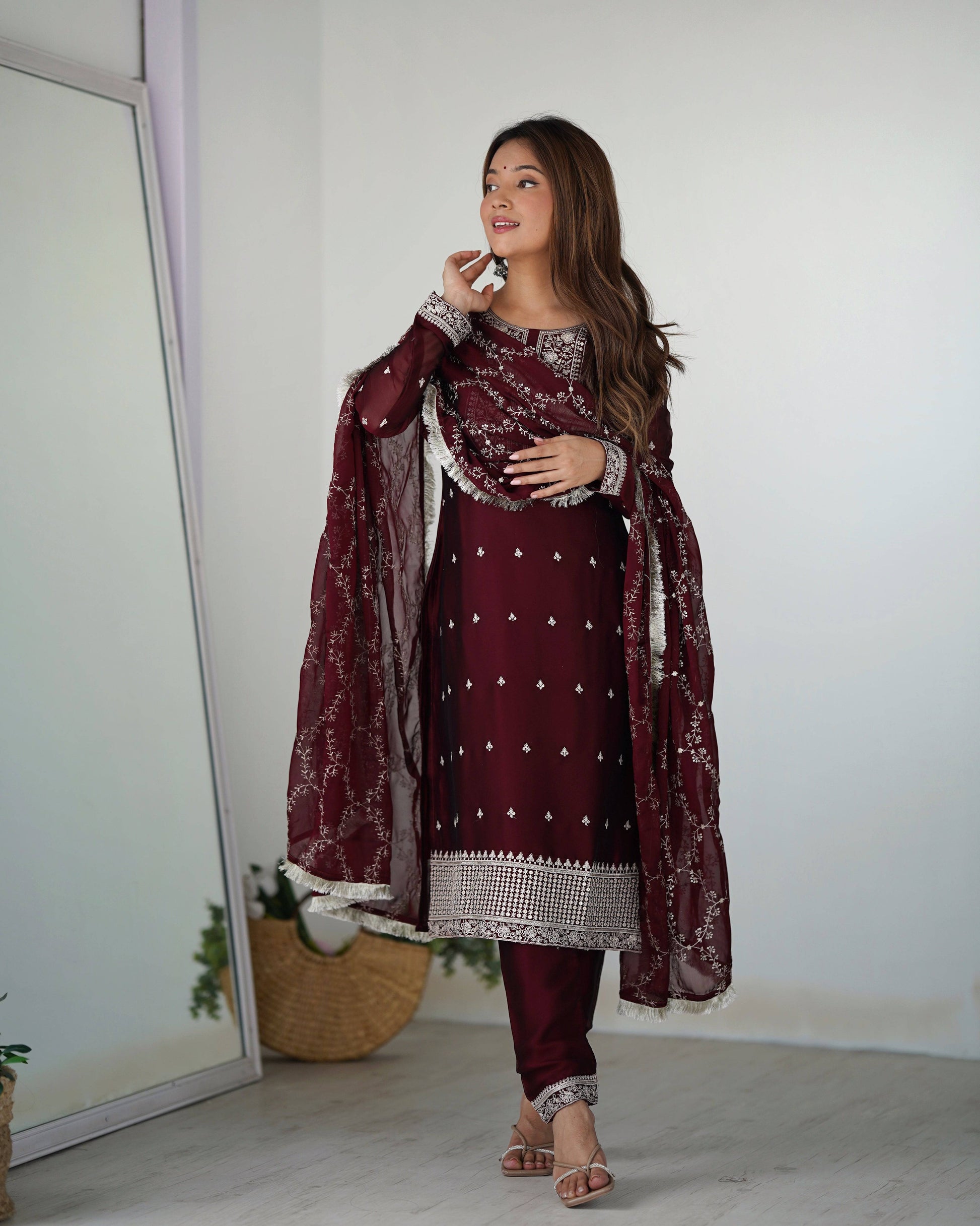 Appealing Rangoli Silk Sequins Embroidered Straight Top Pant Suit - INDIAN ELEGANCE