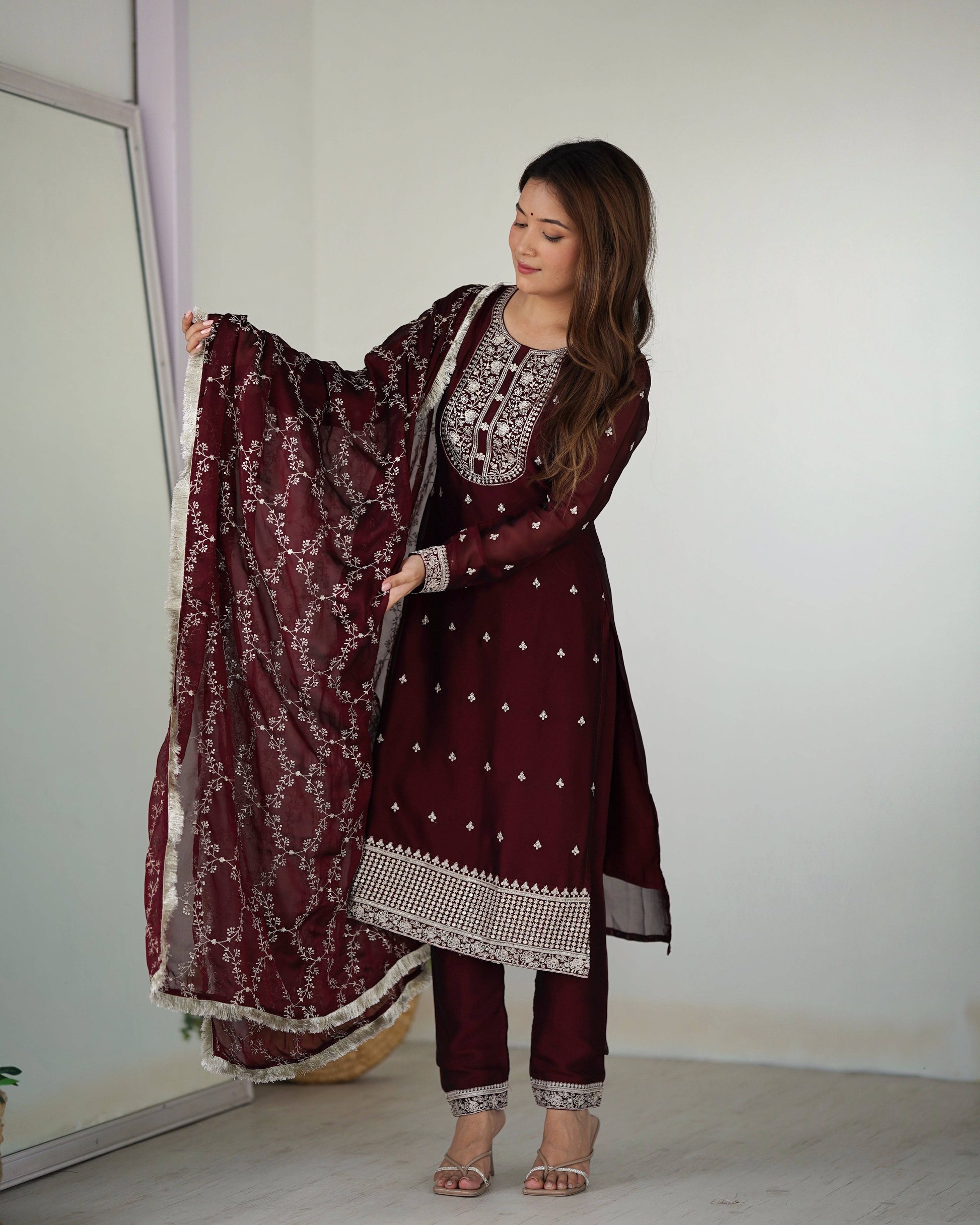 Appealing Rangoli Silk Sequins Embroidered Straight Top Pant Suit - INDIAN ELEGANCE