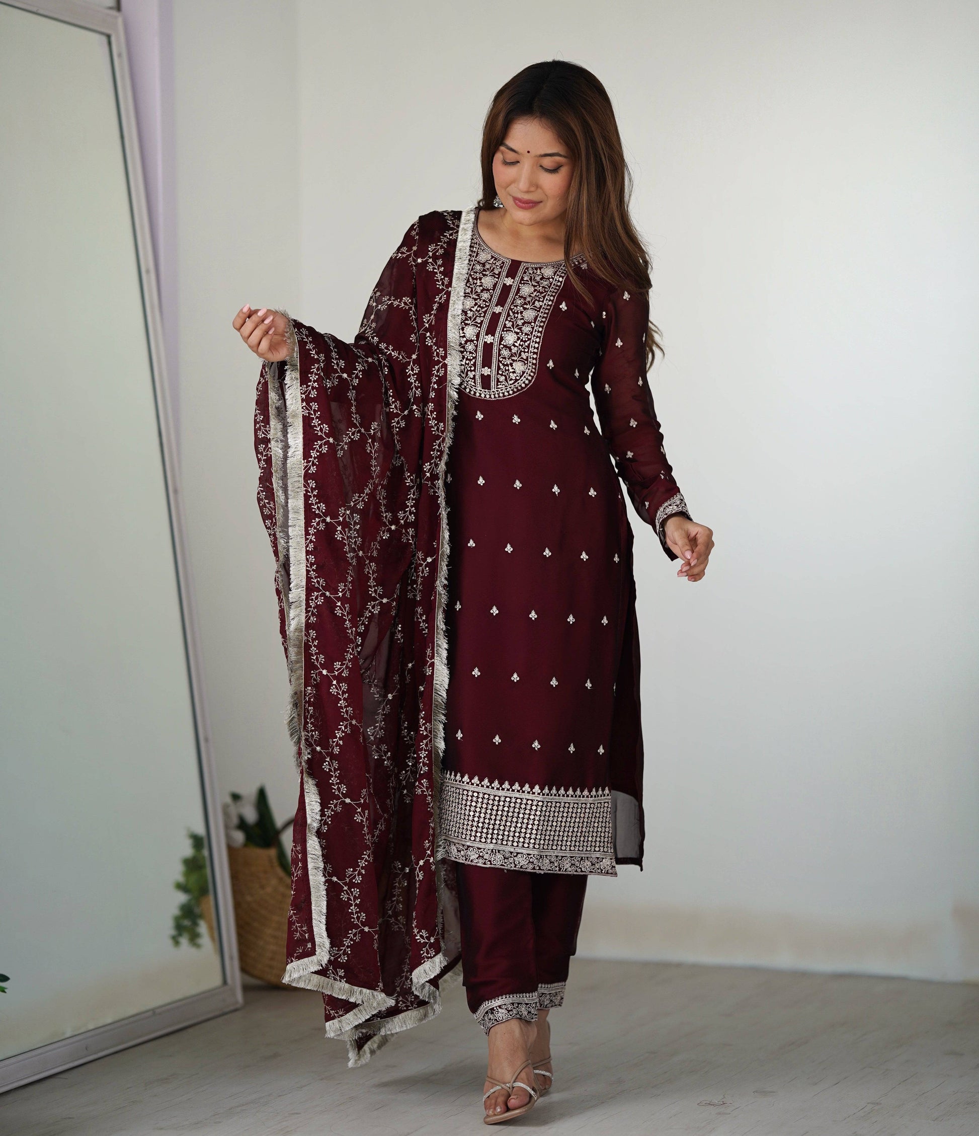 Appealing Rangoli Silk Sequins Embroidered Straight Top Pant Suit - INDIAN ELEGANCE
