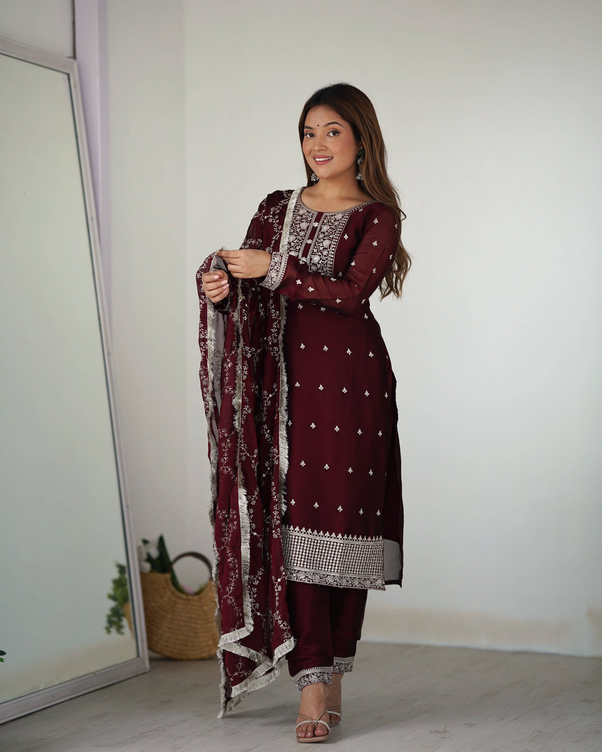Appealing Rangoli Silk Sequins Embroidered Straight Top Pant Suit - INDIAN ELEGANCE