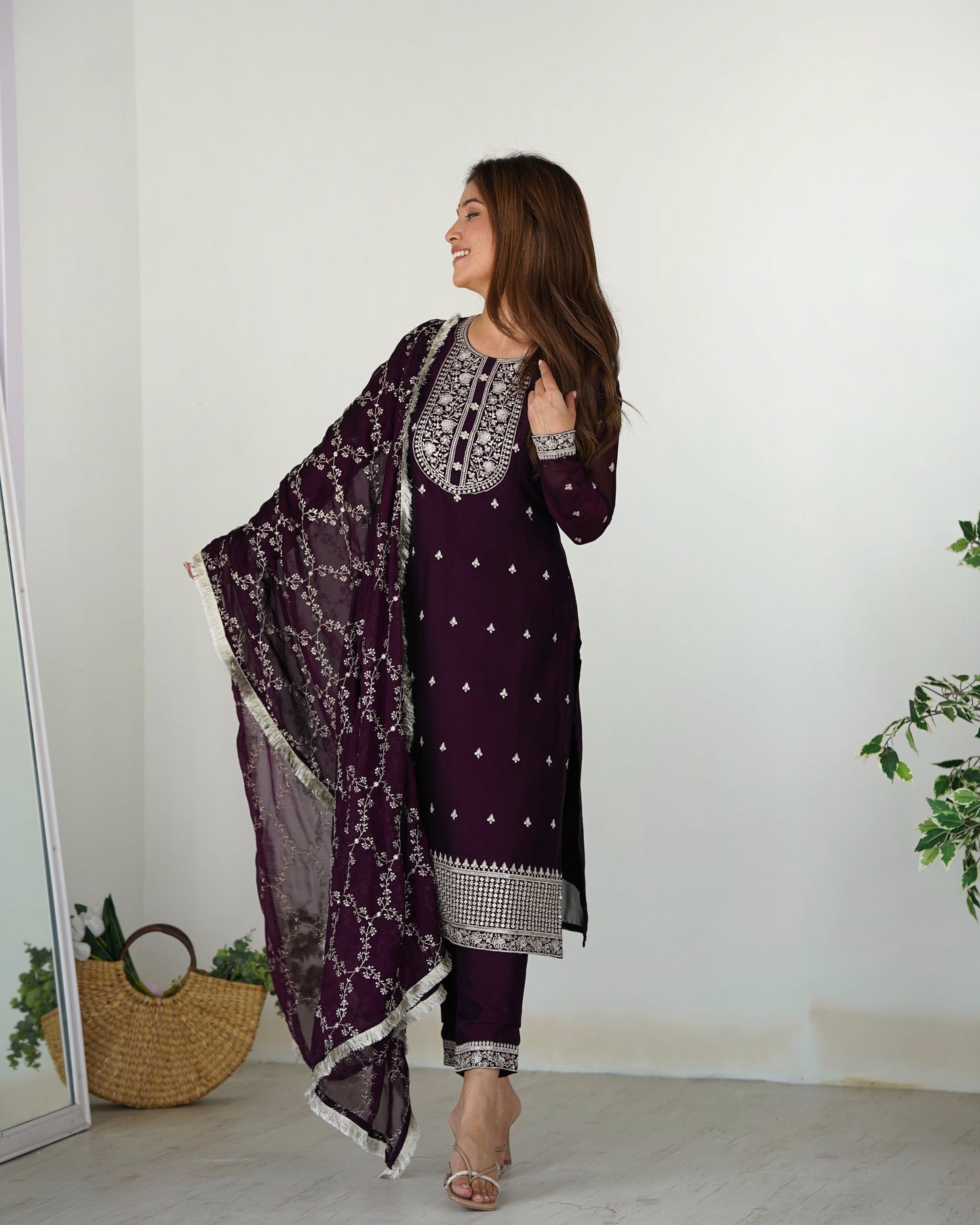 Appealing Rangoli Silk Sequins Embroidered Straight Top Pant Suit - INDIAN ELEGANCE