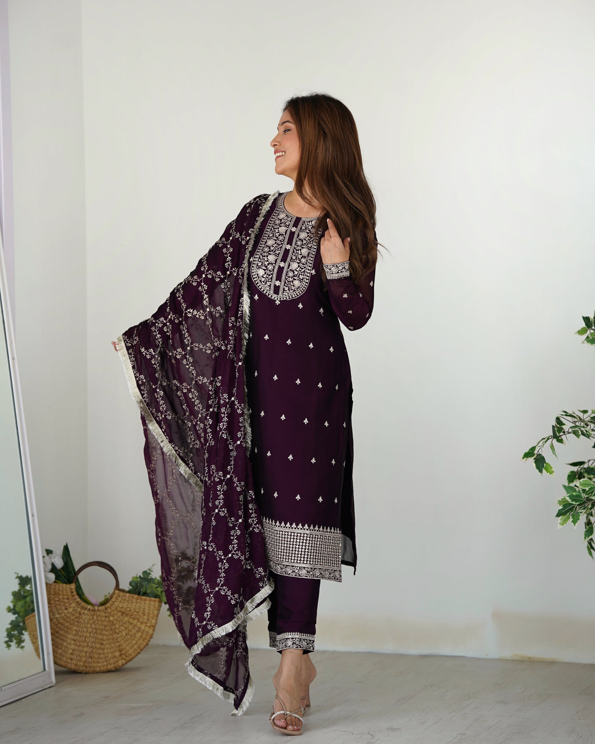 Appealing Rangoli Silk Sequins Embroidered Straight Top Pant Suit - INDIAN ELEGANCE