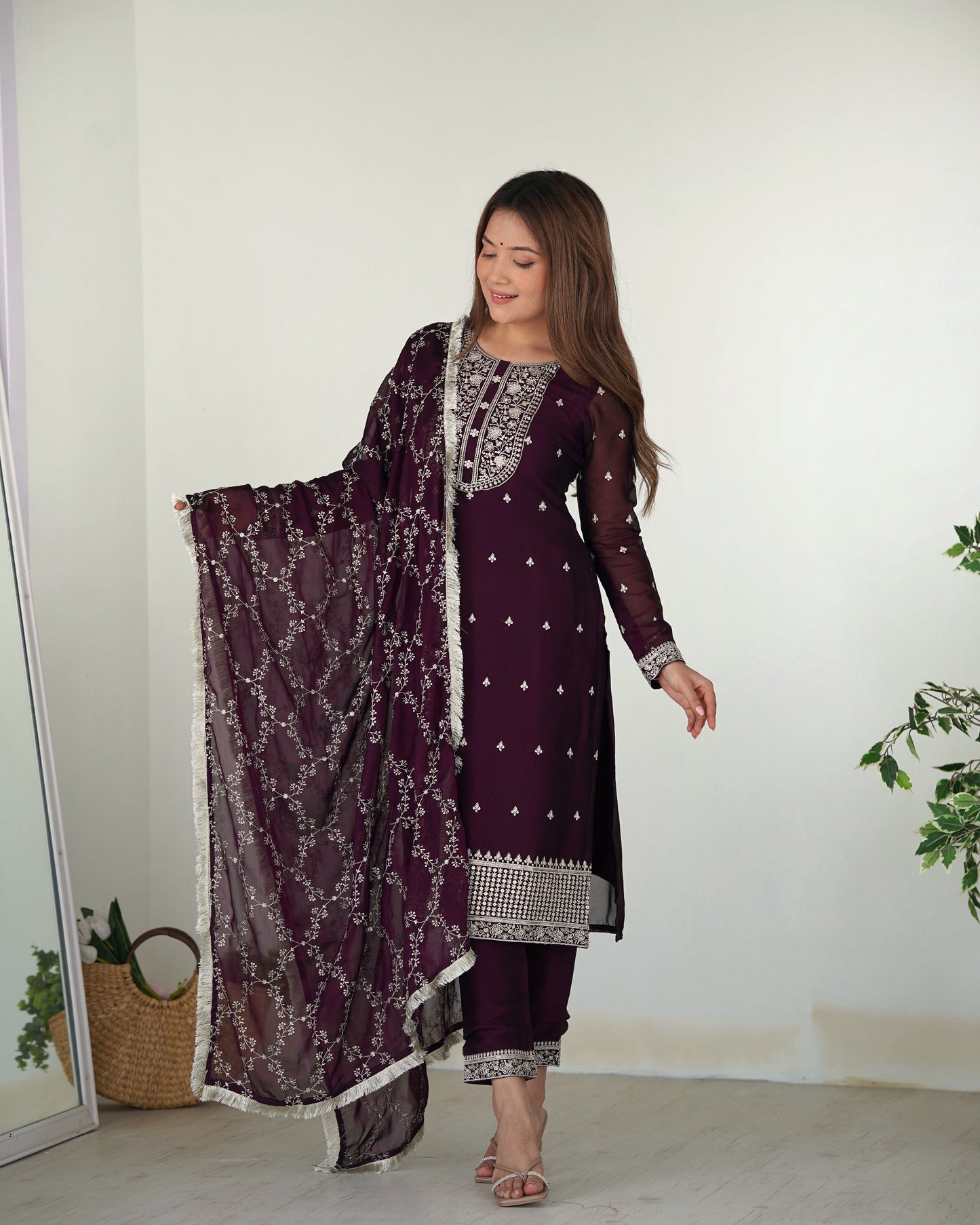 Appealing Rangoli Silk Sequins Embroidered Straight Top Pant Suit - INDIAN ELEGANCE