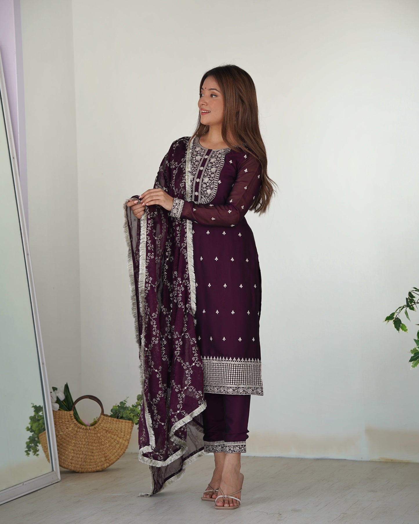 Appealing Rangoli Silk Sequins Embroidered Straight Top Pant Suit - INDIAN ELEGANCE