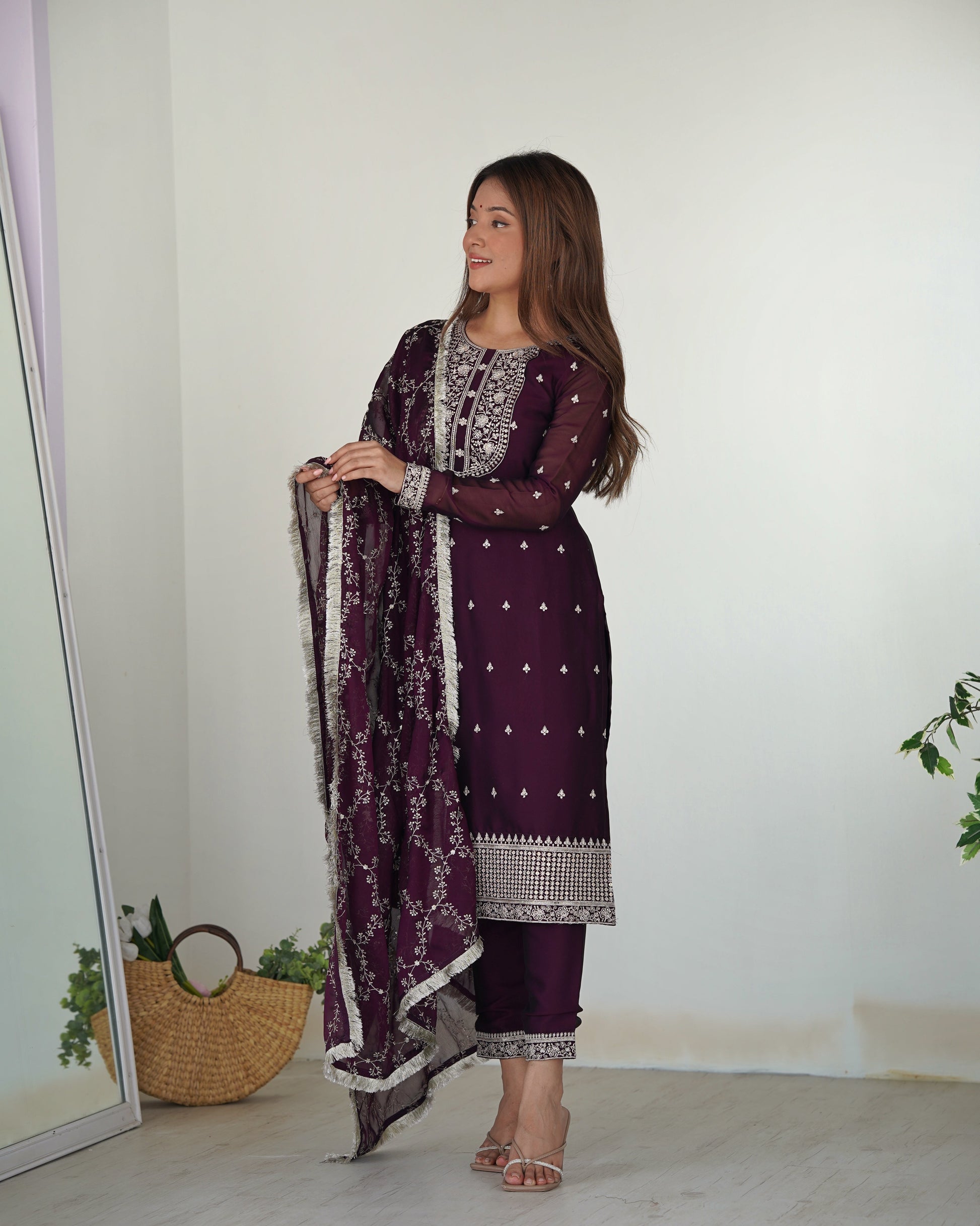 Appealing Rangoli Silk Sequins Embroidered Straight Top Pant Suit - INDIAN ELEGANCE