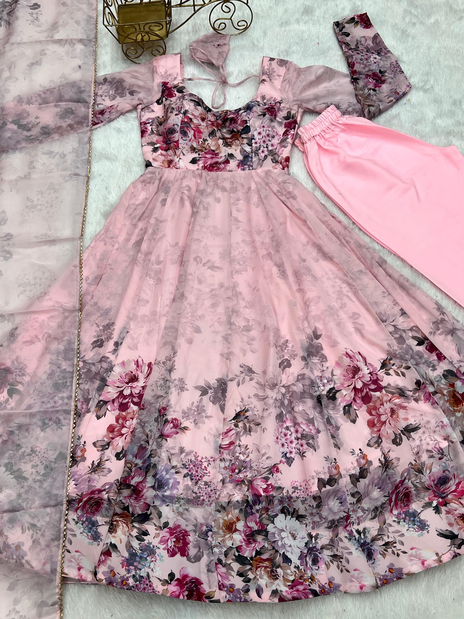 Lovely Organza Silk Floral Digital Printed Anarkali Pant Suit - INDIAN ELEGANCE