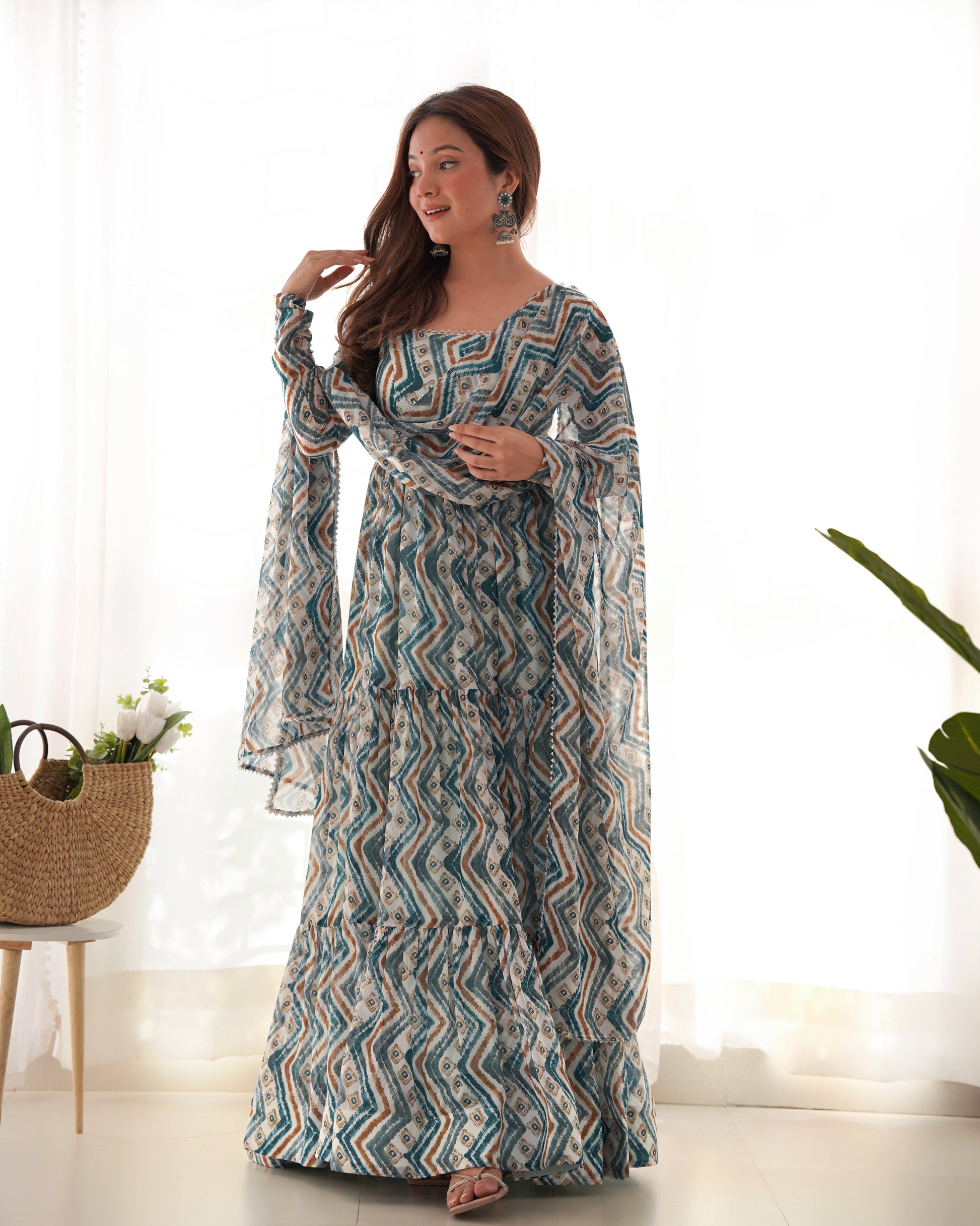 Resplendent Faux Georgette Zigzag Printed Anarkali Pant Suit - INDIAN ELEGANCE