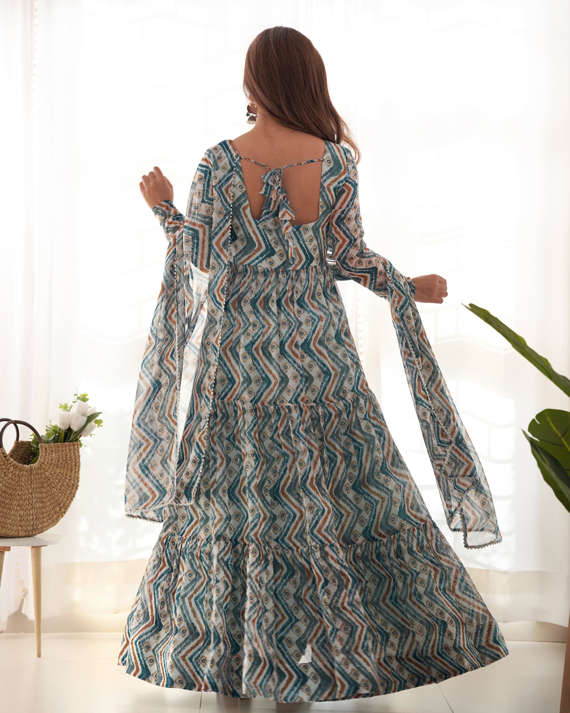 Resplendent Faux Georgette Zigzag Printed Anarkali Pant Suit - INDIAN ELEGANCE