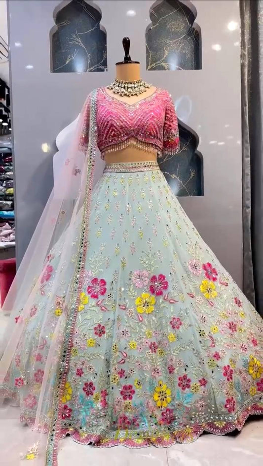 Premium Real Mirror Work Lehenga Choli with Pink Embroidered Blouse & Butterfly Net Dupatta