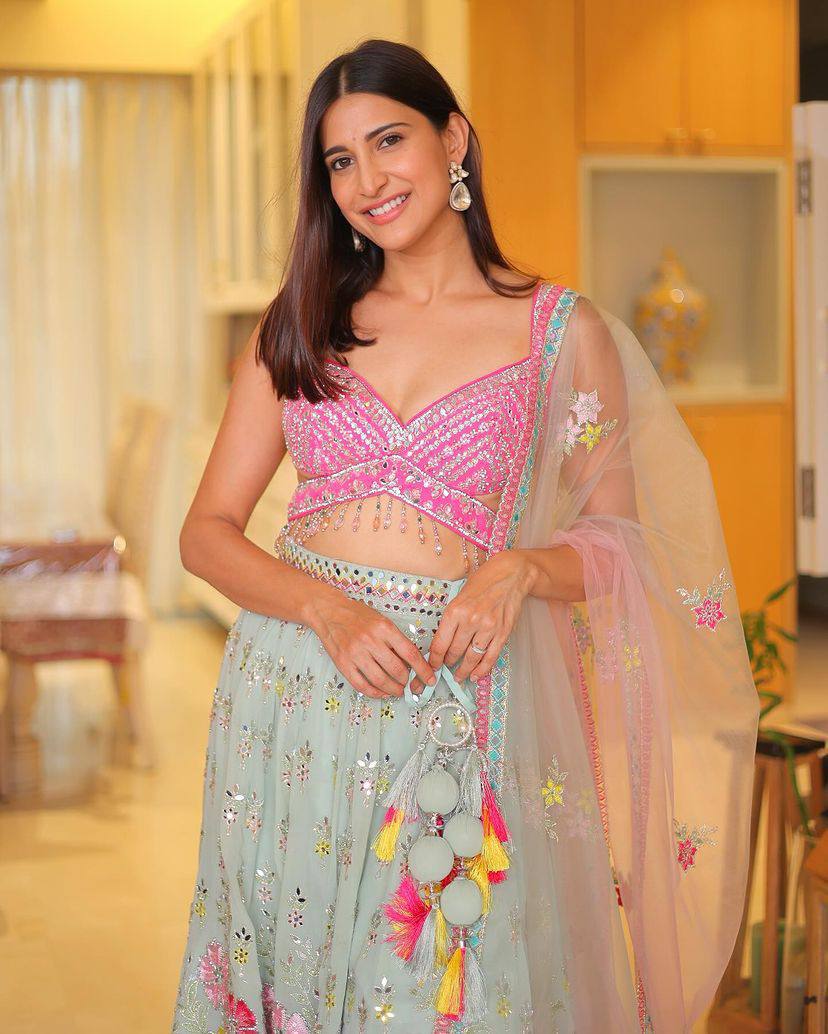 Premium Real Mirror Work Lehenga Choli with Pink Embroidered Blouse & Butterfly Net Dupatta