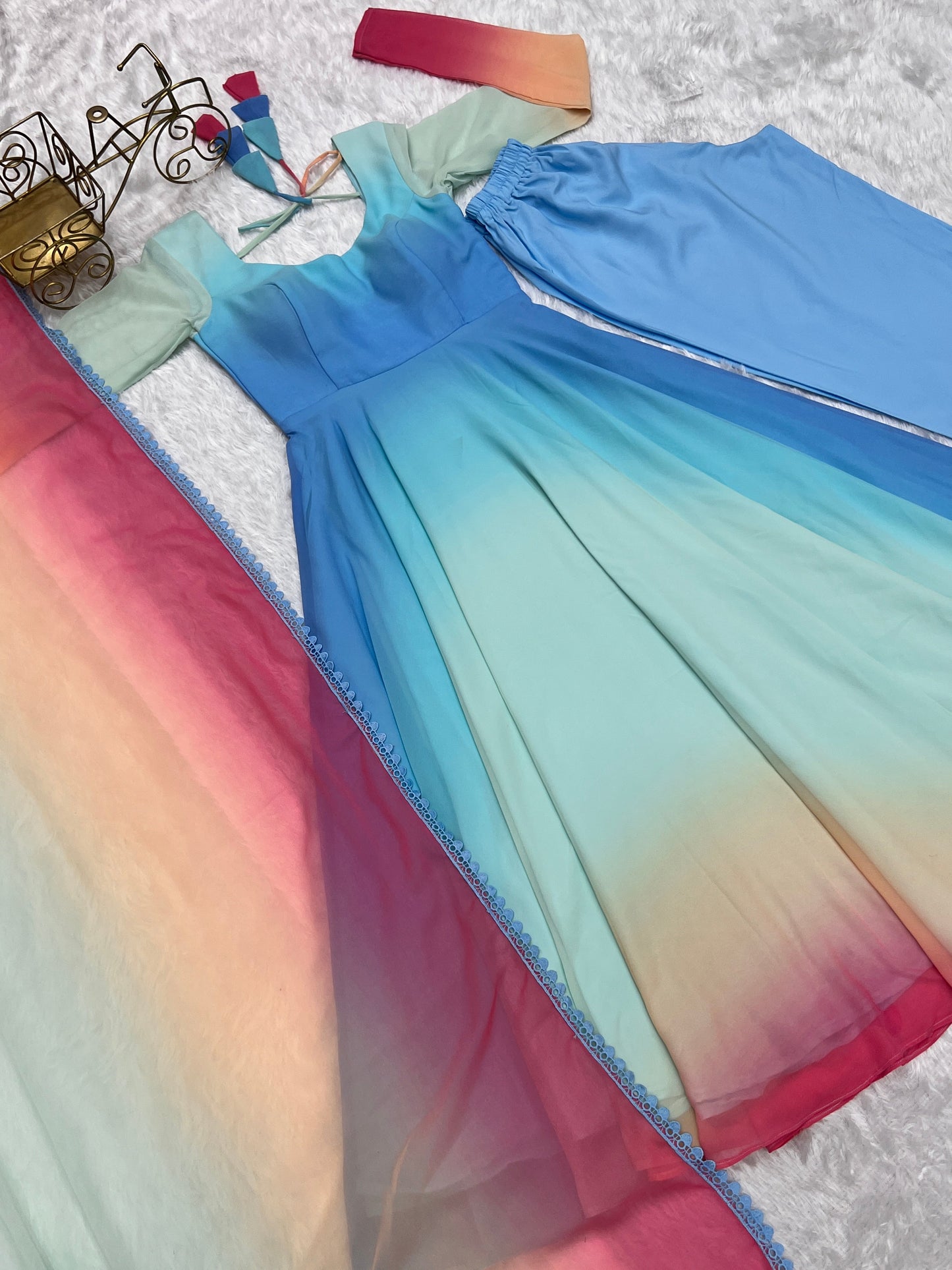 Enchanting Shaded Faux Georgette Fully Stitched Anarkali Pant Suit - INDIAN ELEGANCE