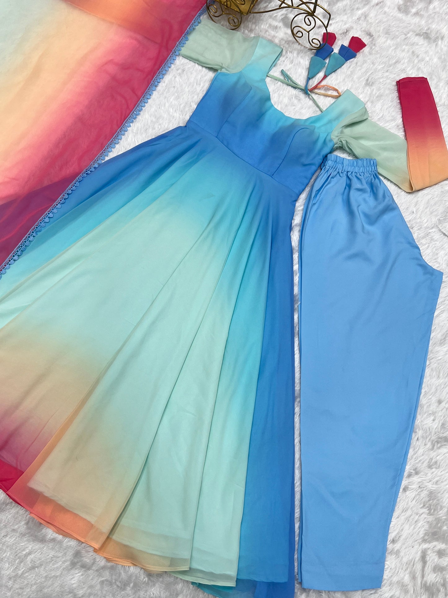 Enchanting Shaded Faux Georgette Fully Stitched Anarkali Pant Suit - INDIAN ELEGANCE