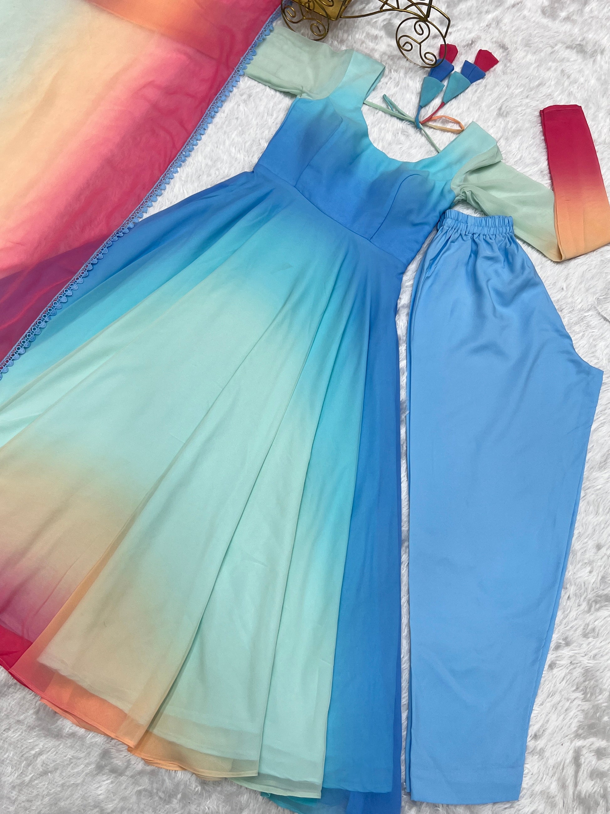 Enchanting Shaded Faux Georgette Fully Stitched Anarkali Pant Suit - INDIAN ELEGANCE