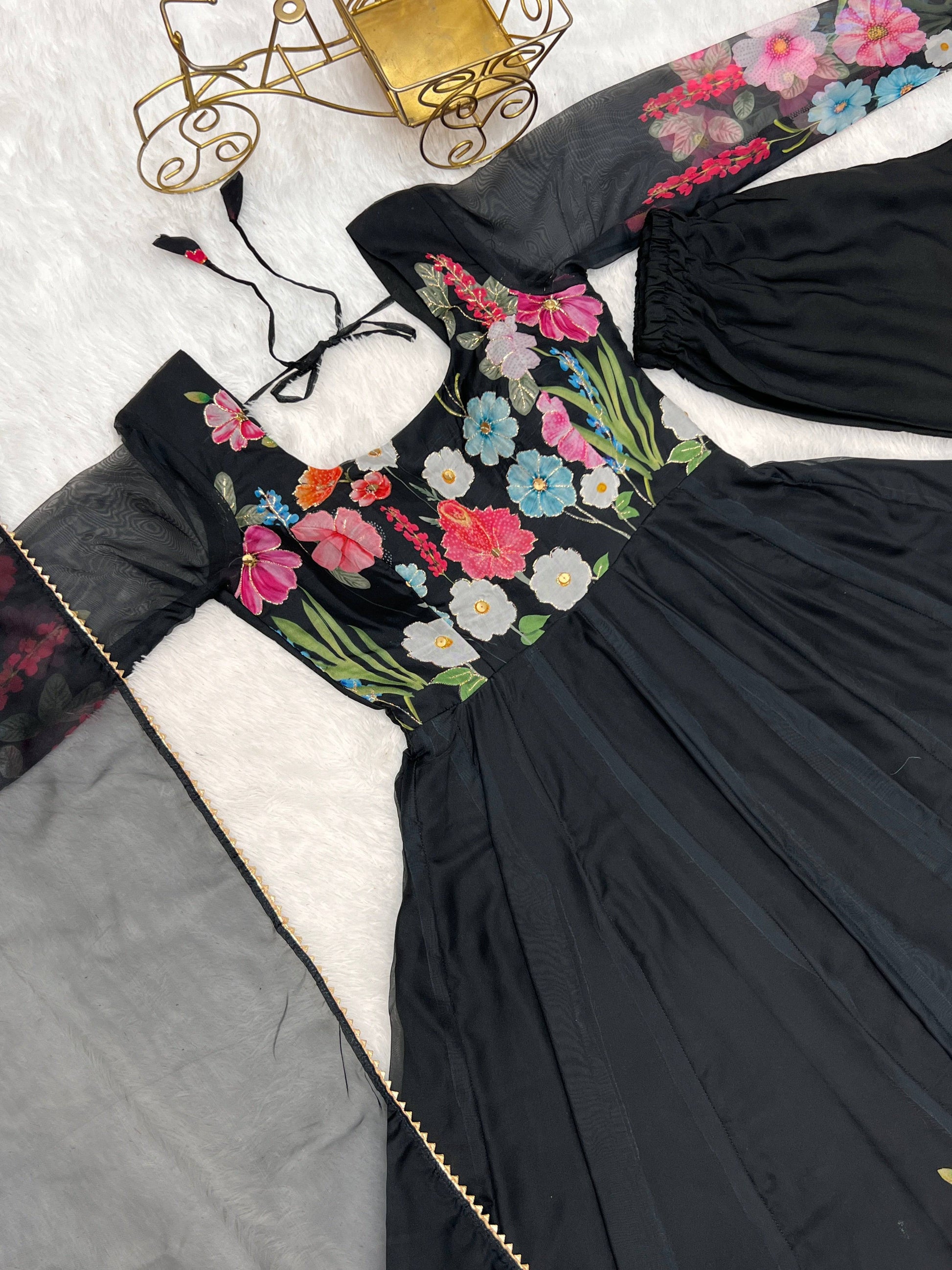 Breathtaking Organza Silk Floral Printed Designer Anarkali Pant Suit - INDIAN ELEGANCE