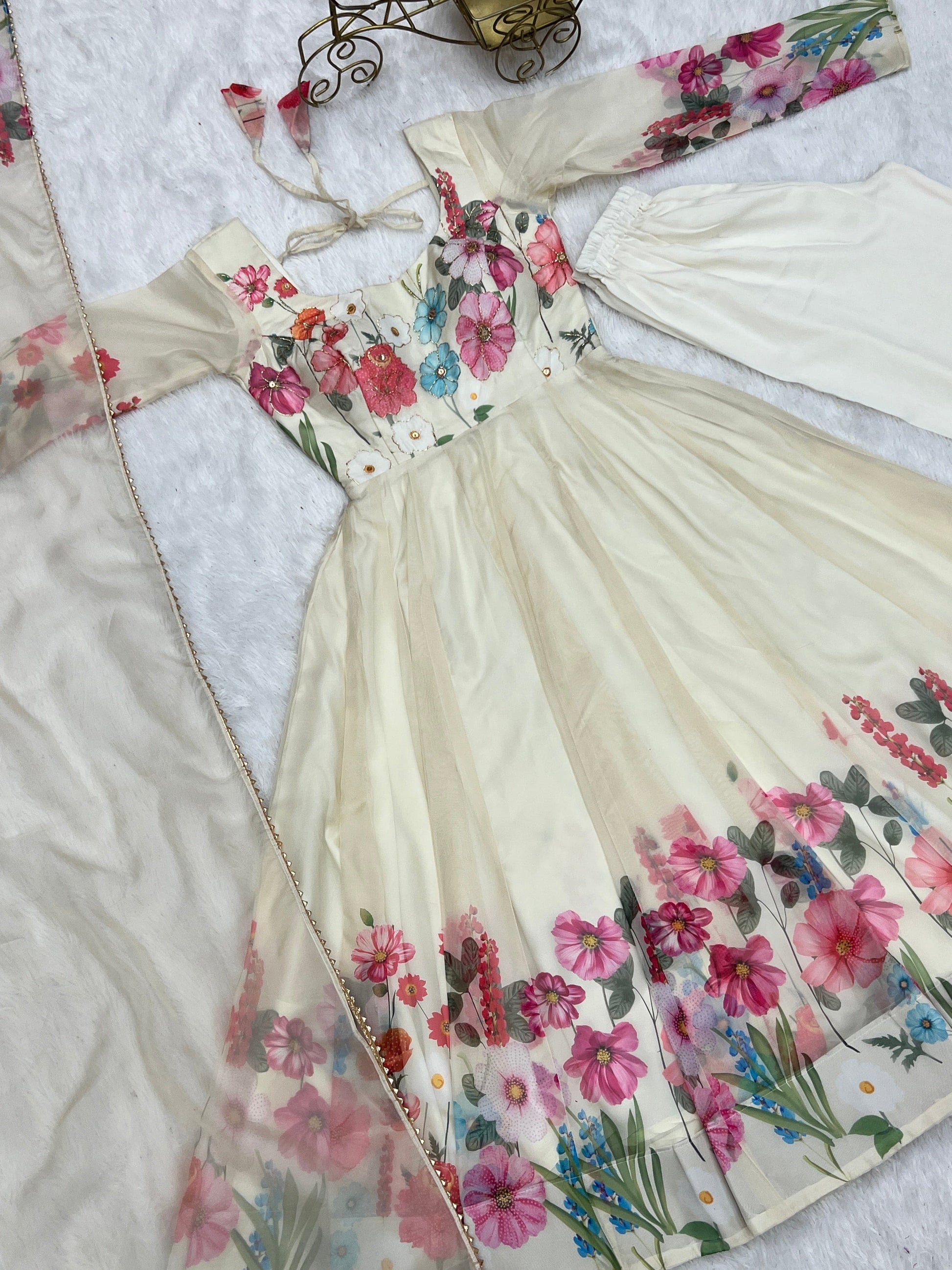 Breathtaking Organza Silk Floral Printed Designer Anarkali Pant Suit - INDIAN ELEGANCE