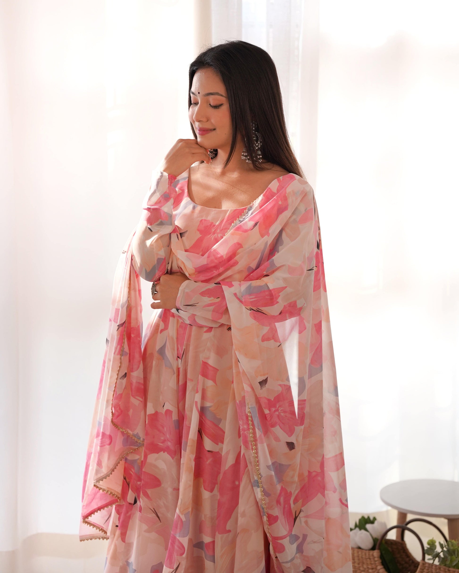 Bewitching Faux Georgette Printed Designer Anarkali Pant Suit - INDIAN ELEGANCE