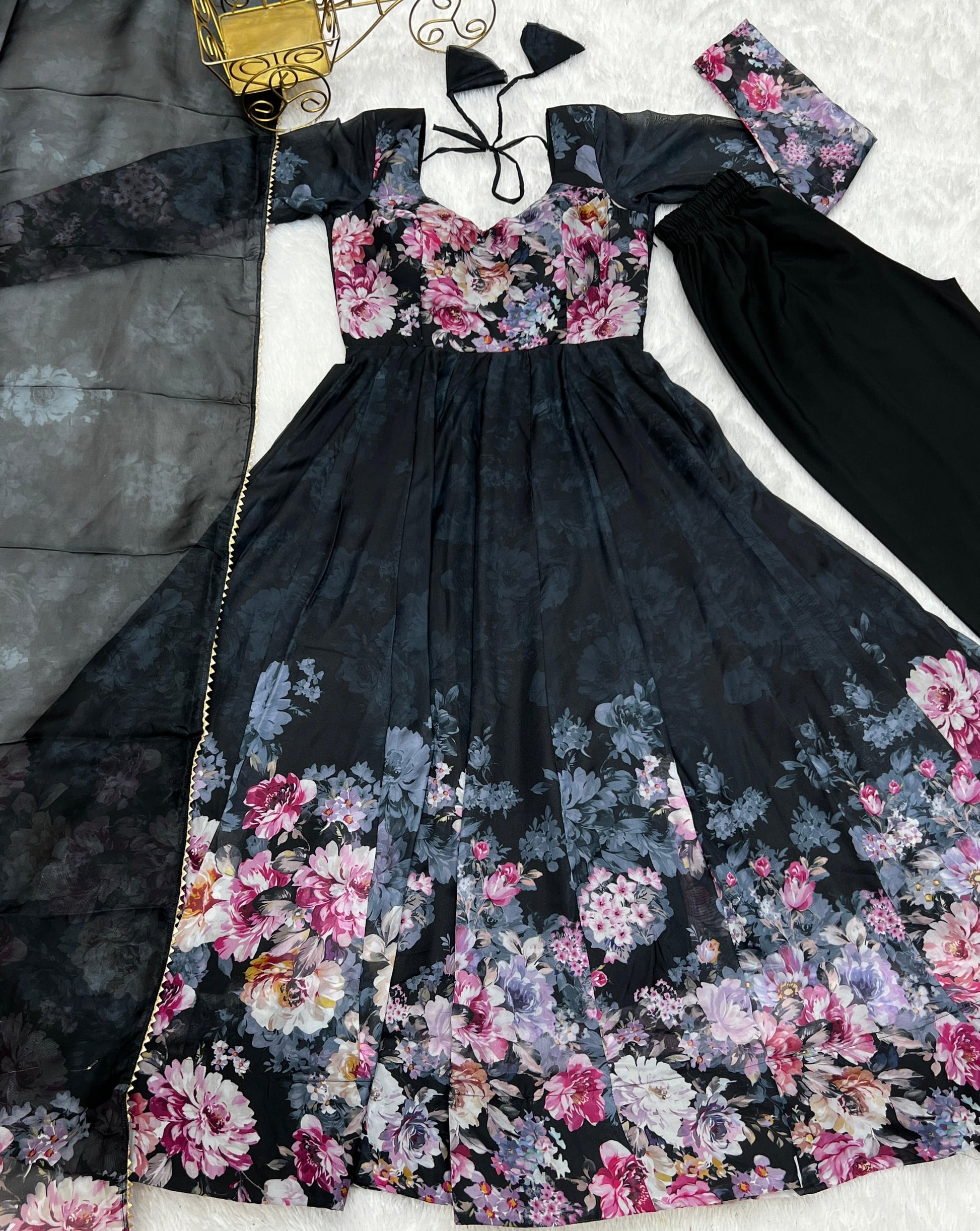 Lovely Organza Silk Floral Digital Printed Anarkali Pant Suit - INDIAN ELEGANCE