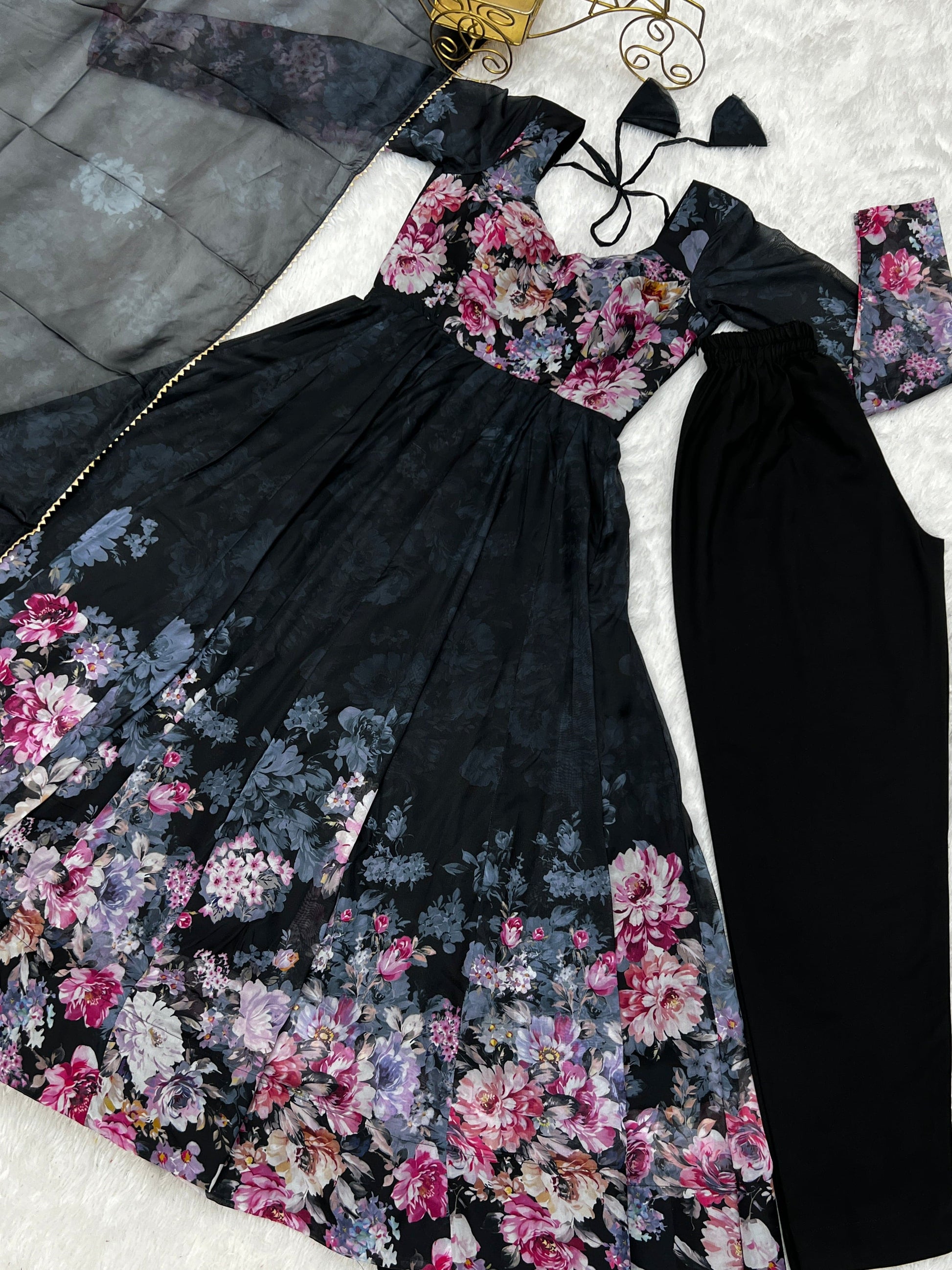 Lovely Organza Silk Floral Digital Printed Anarkali Pant Suit - INDIAN ELEGANCE
