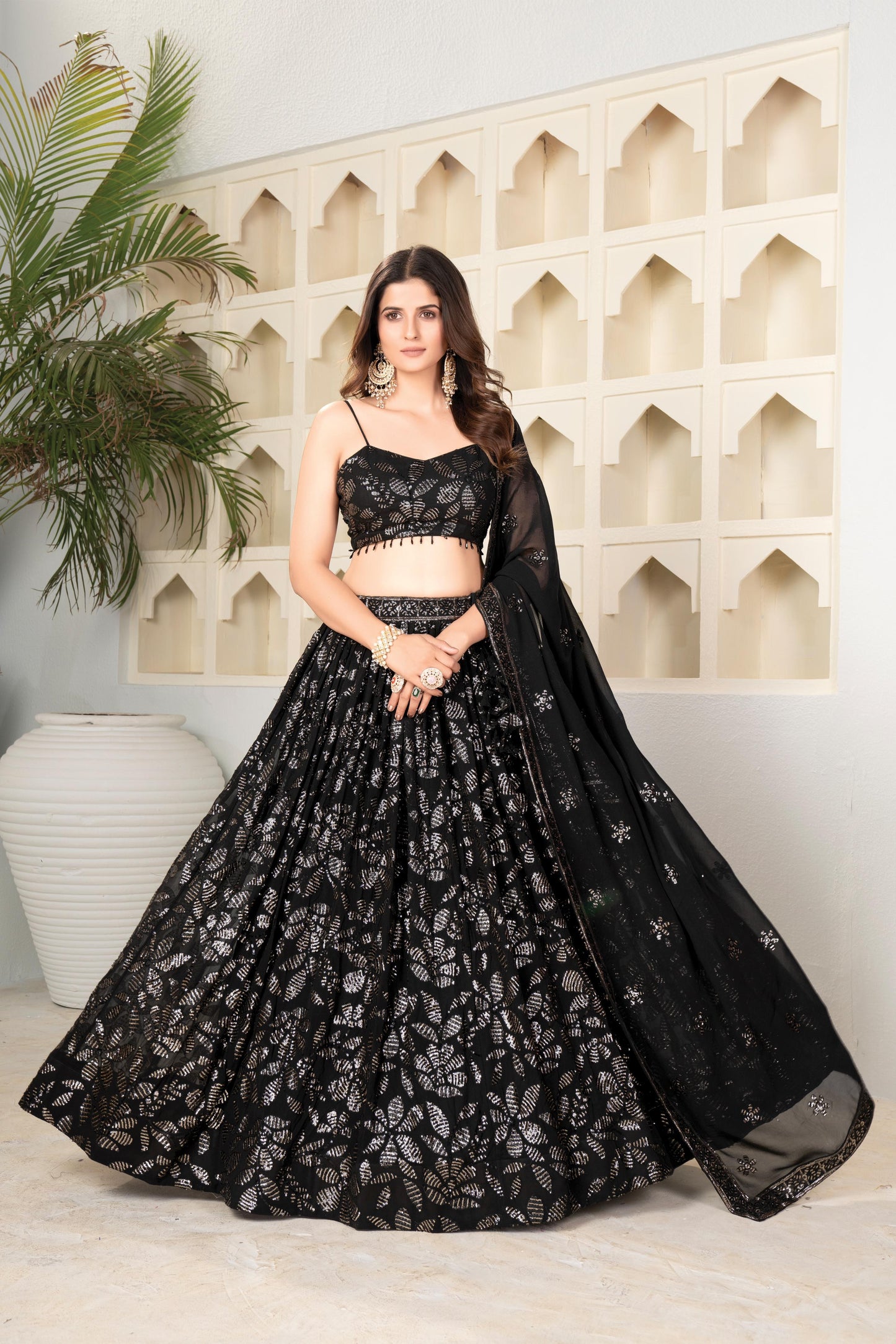 Black Faux Blooming Lehenga Choli with Dupatta for Women | 2MM & 5MM Sequin Embroidery Work | Wedding & Party Wear