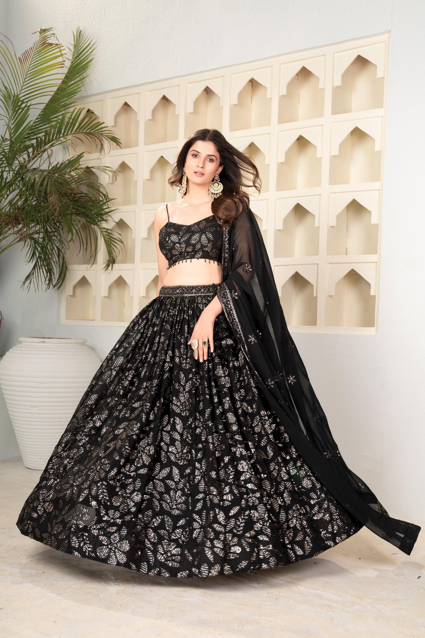 Black Faux Blooming Lehenga Choli with Dupatta for Women | 2MM & 5MM Sequin Embroidery Work | Wedding & Party Wear
