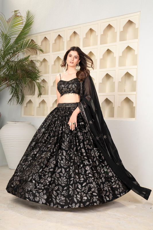 Black Faux Blooming Lehenga Choli with Dupatta for Women | 2MM & 5MM Sequin Embroidery Work | Wedding & Party Wear