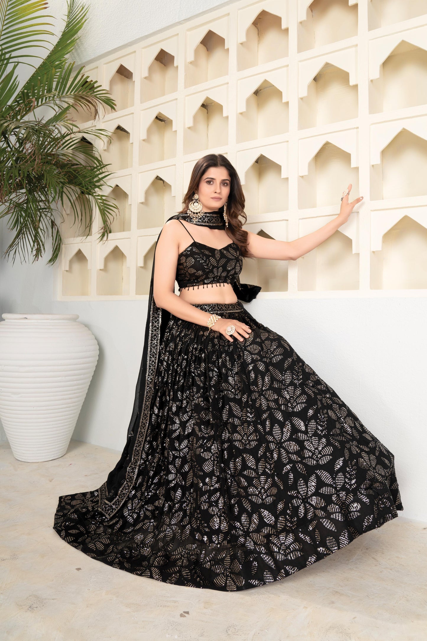 Black Faux Blooming Lehenga Choli with Dupatta for Women | 2MM & 5MM Sequin Embroidery Work | Wedding & Party Wear