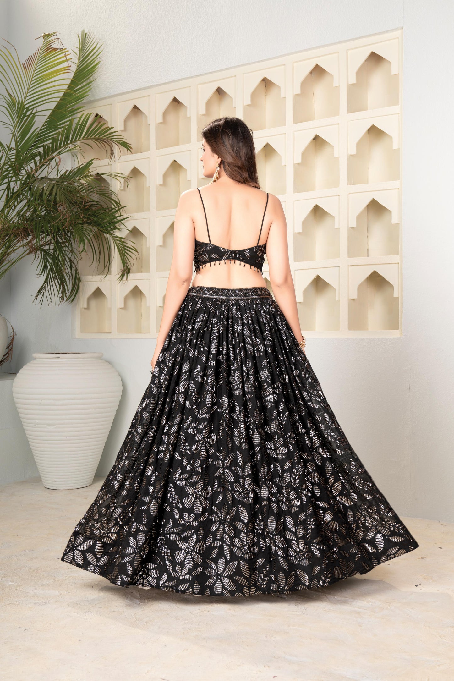 Black Faux Blooming Lehenga Choli with Dupatta for Women | 2MM & 5MM Sequin Embroidery Work | Wedding & Party Wear