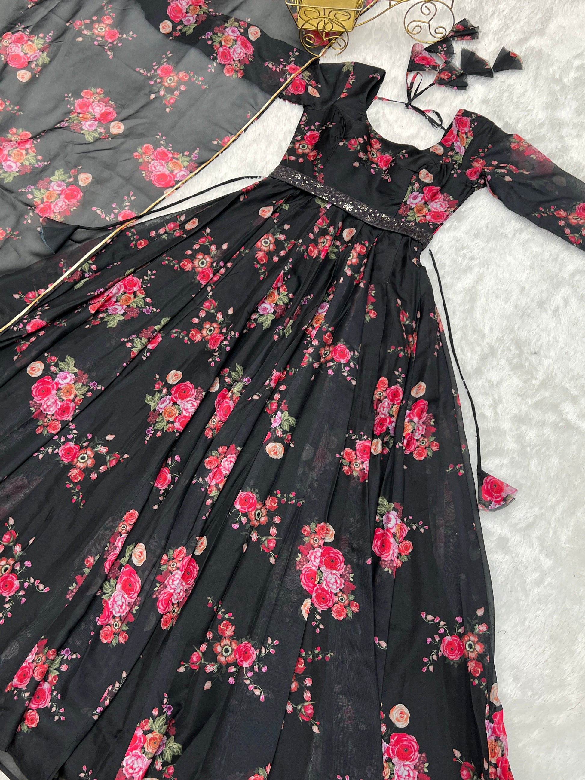 Glamorous Organza Silk Floral Printed Designer Anarkali Pant Suit - INDIAN ELEGANCE
