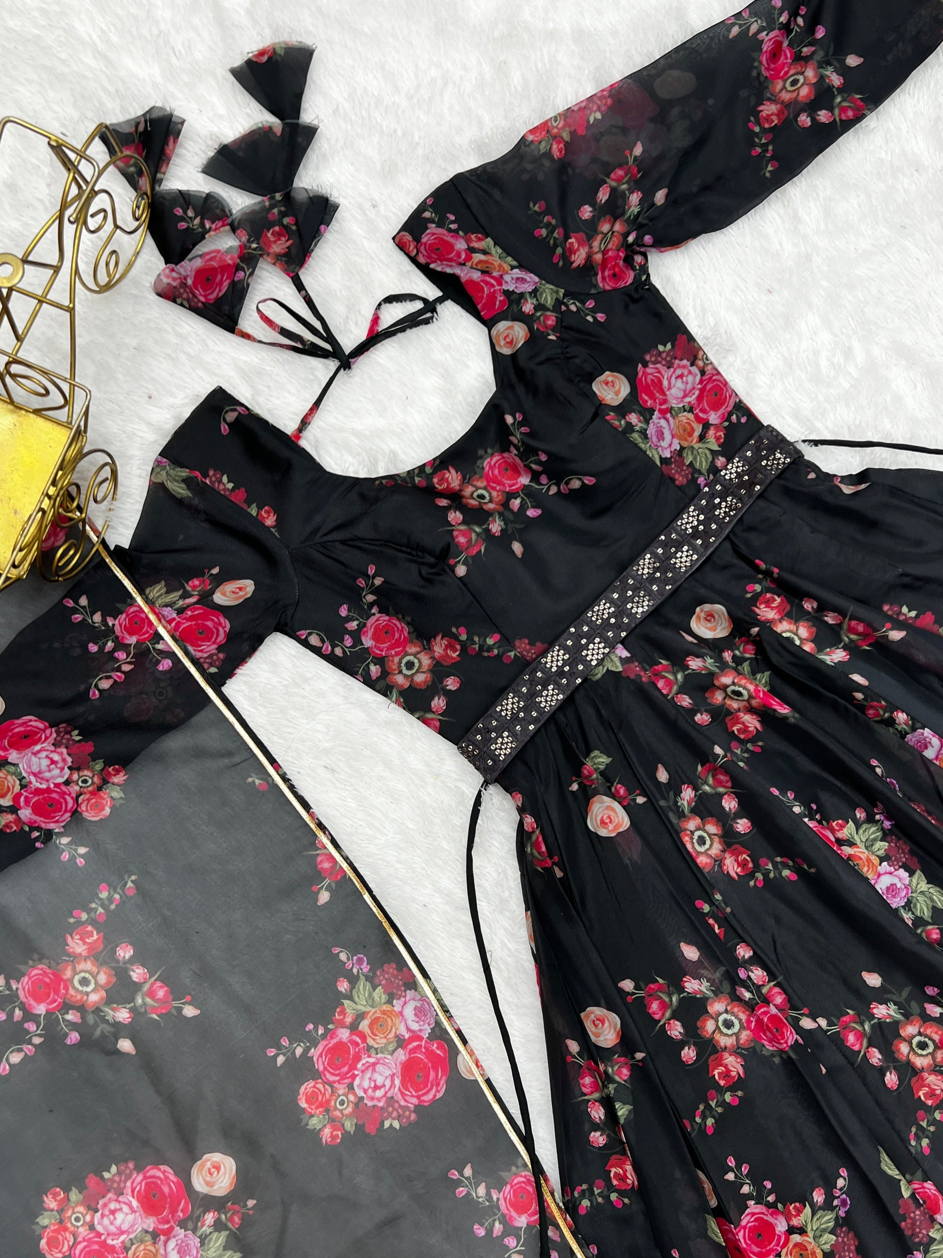 Glamorous Organza Silk Floral Printed Designer Anarkali Pant Suit - INDIAN ELEGANCE