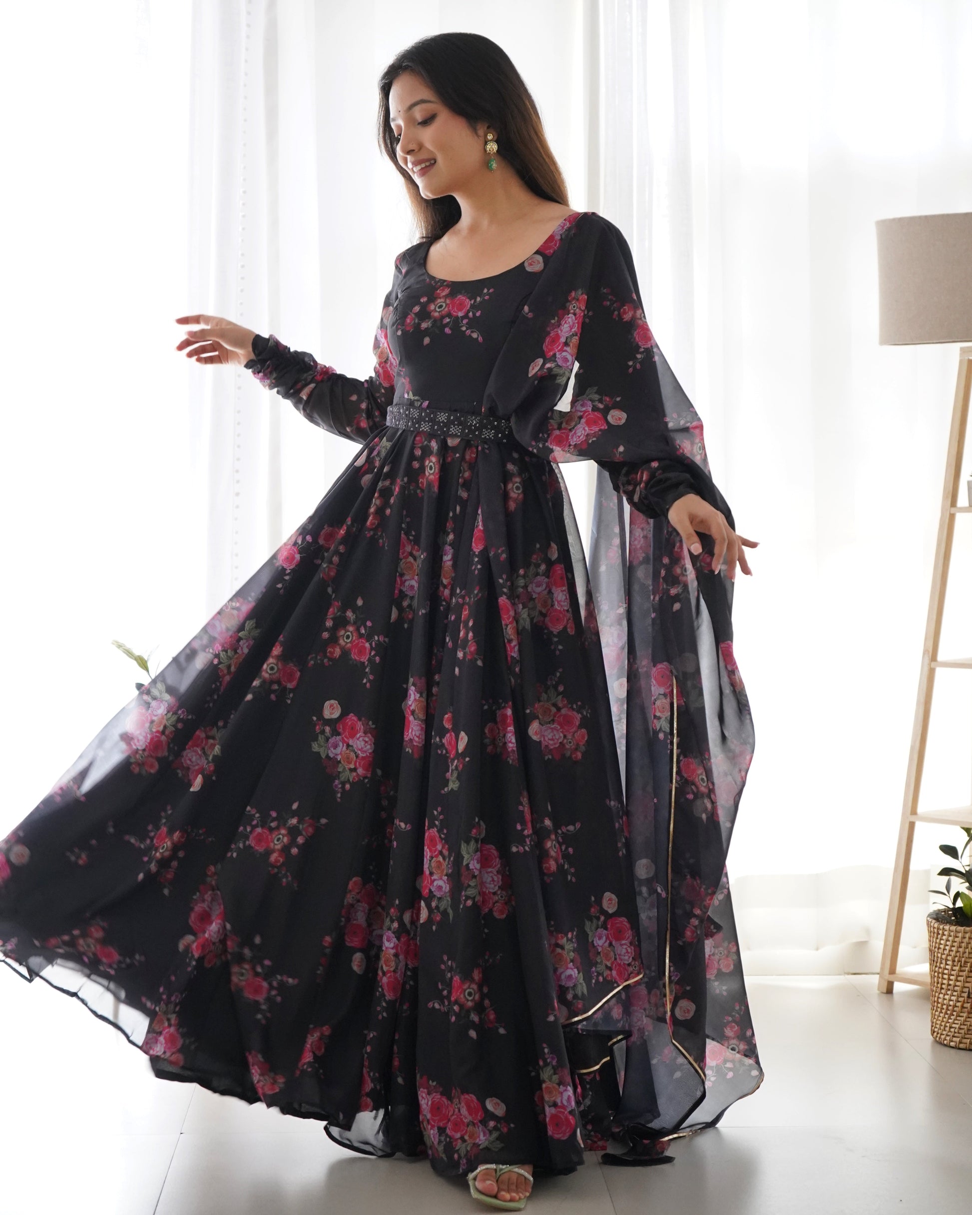 Glamorous Organza Silk Floral Printed Designer Anarkali Pant Suit - INDIAN ELEGANCE