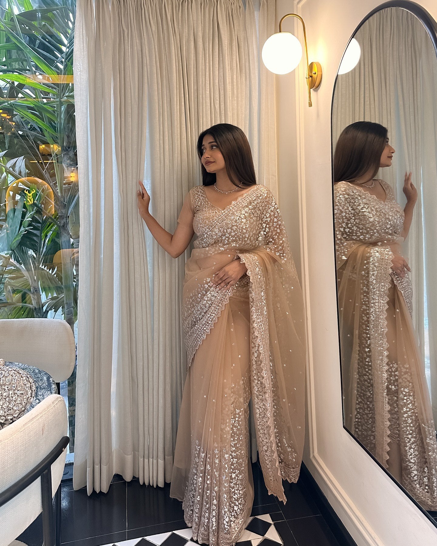 Party Wear Net Saree with Fancy Thread & Sequin Work