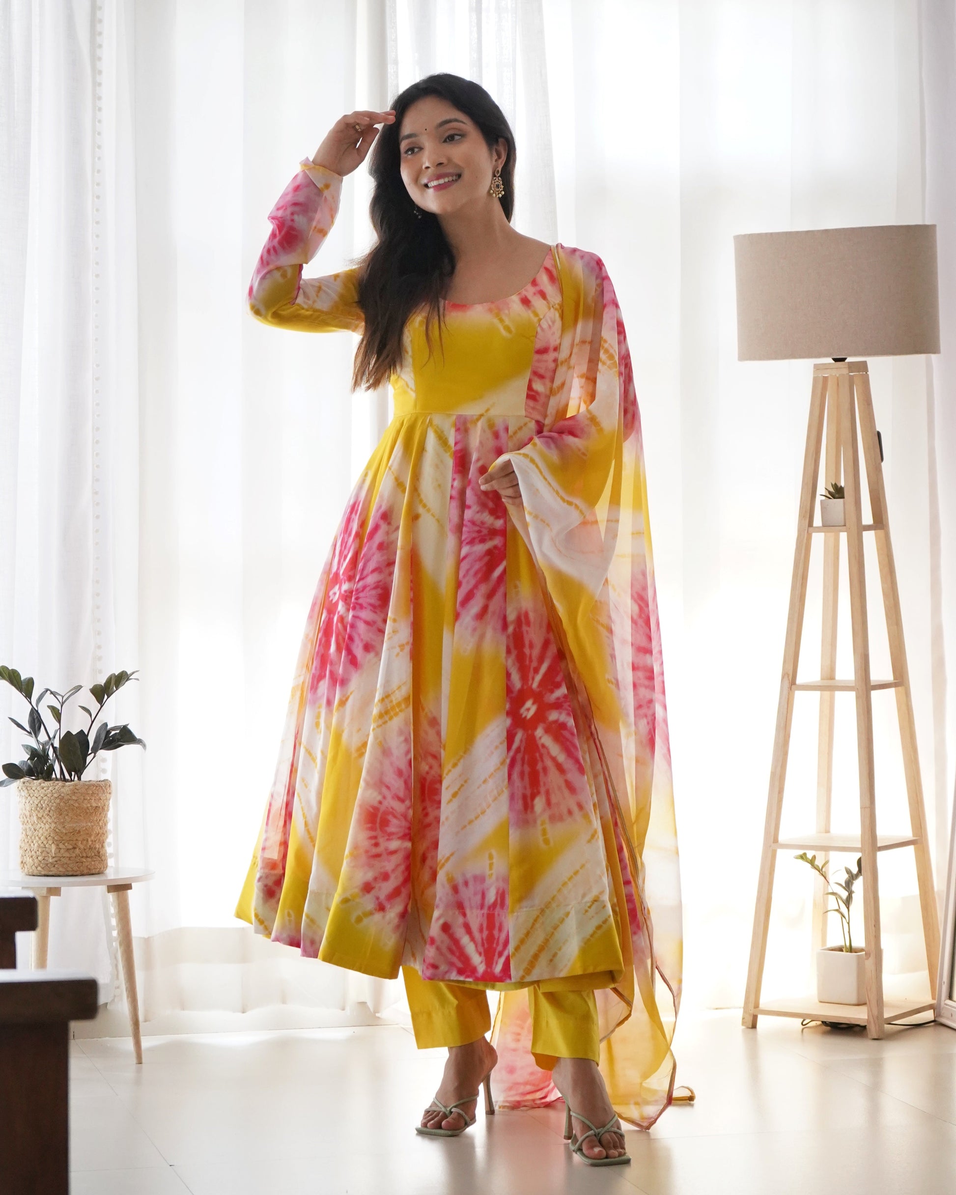 Luminous Yellow Floral Printed Fully Stitched Anarkali Pant Suit - INDIAN ELEGANCE