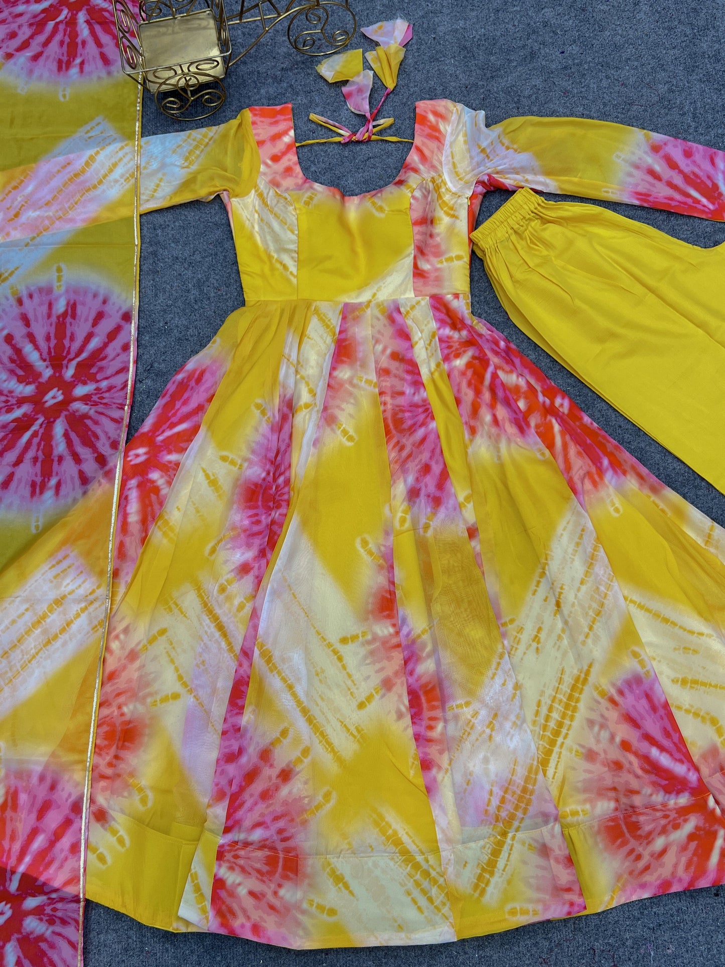 Luminous Yellow Floral Printed Fully Stitched Anarkali Pant Suit - INDIAN ELEGANCE
