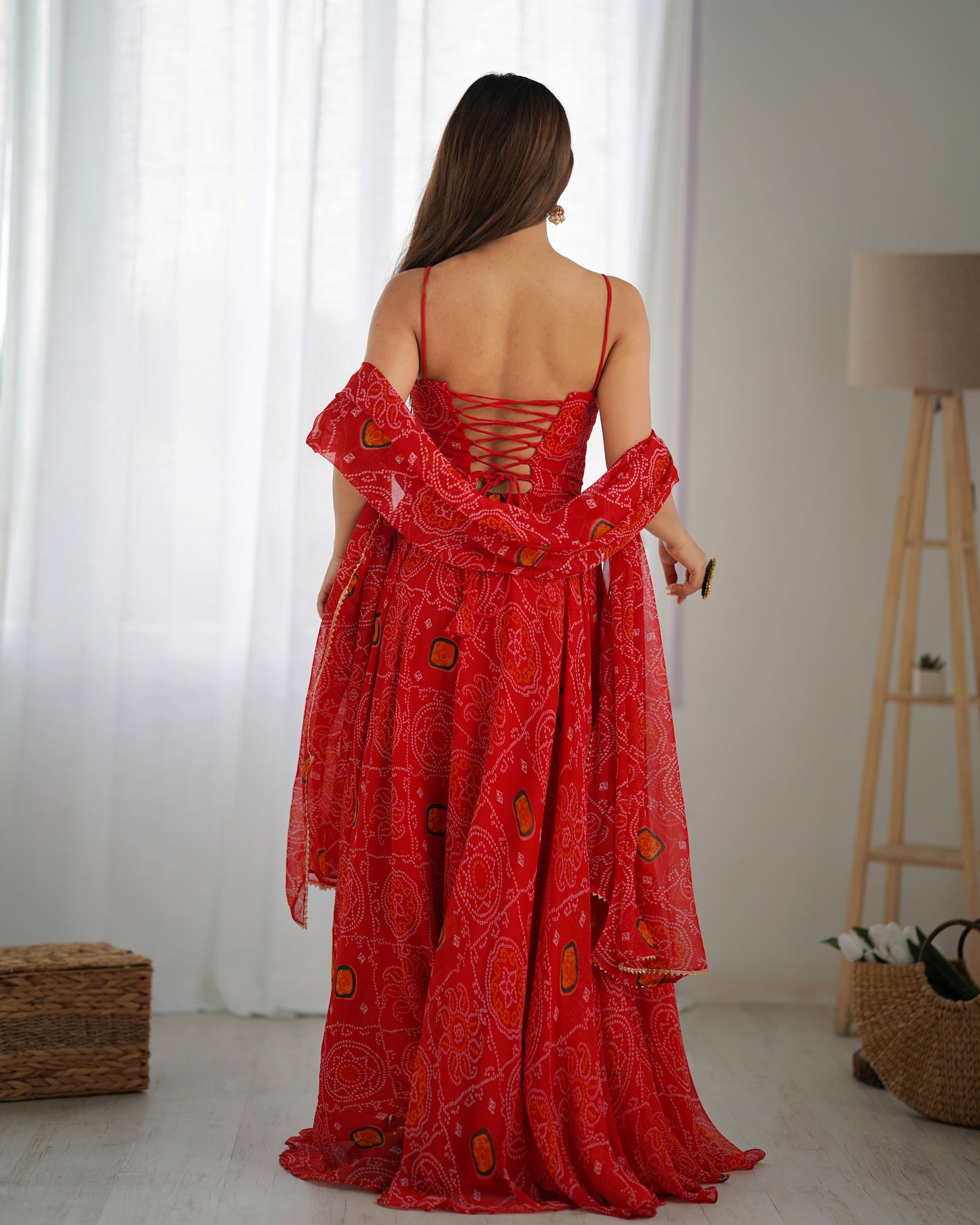 Bandhej Chiffon Anarkali Gown Set with Dupatta – 8 Meter Flare