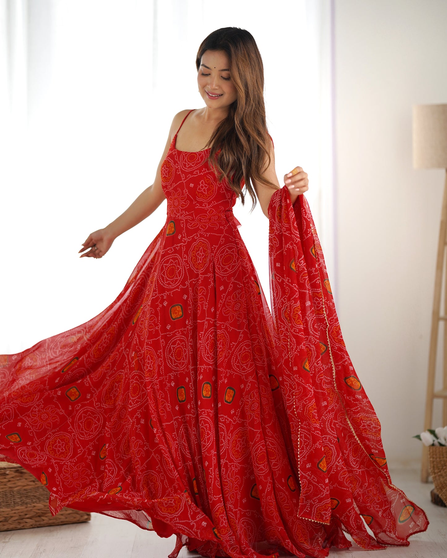 Bandhej Chiffon Anarkali Gown Set with Dupatta – 8 Meter Flare