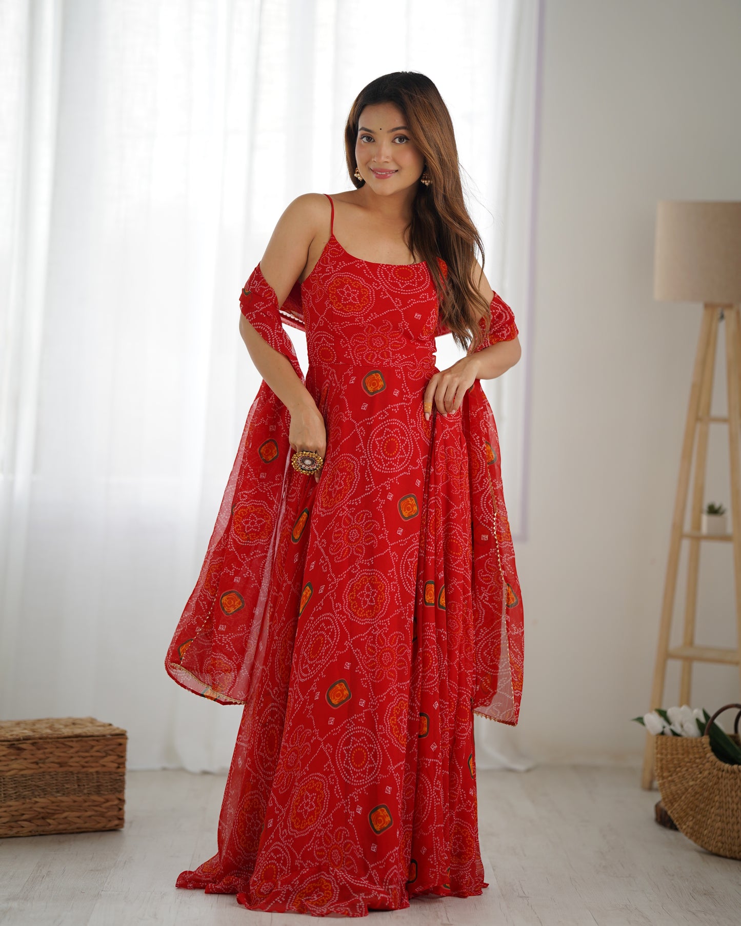 Bandhej Chiffon Anarkali Gown Set with Dupatta – 8 Meter Flare