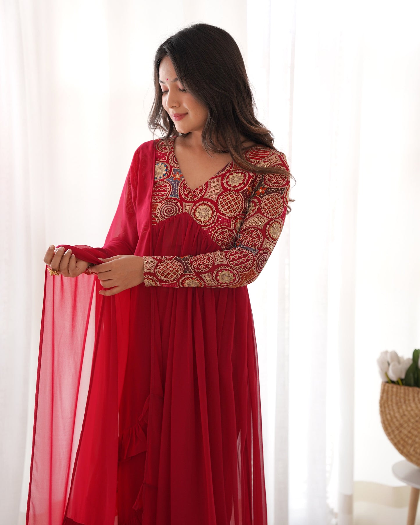 Classy Red Faux Georgette Sequins Dori Thread Zari Worked Anarkali Pant Suit - INDIAN ELEGANCE