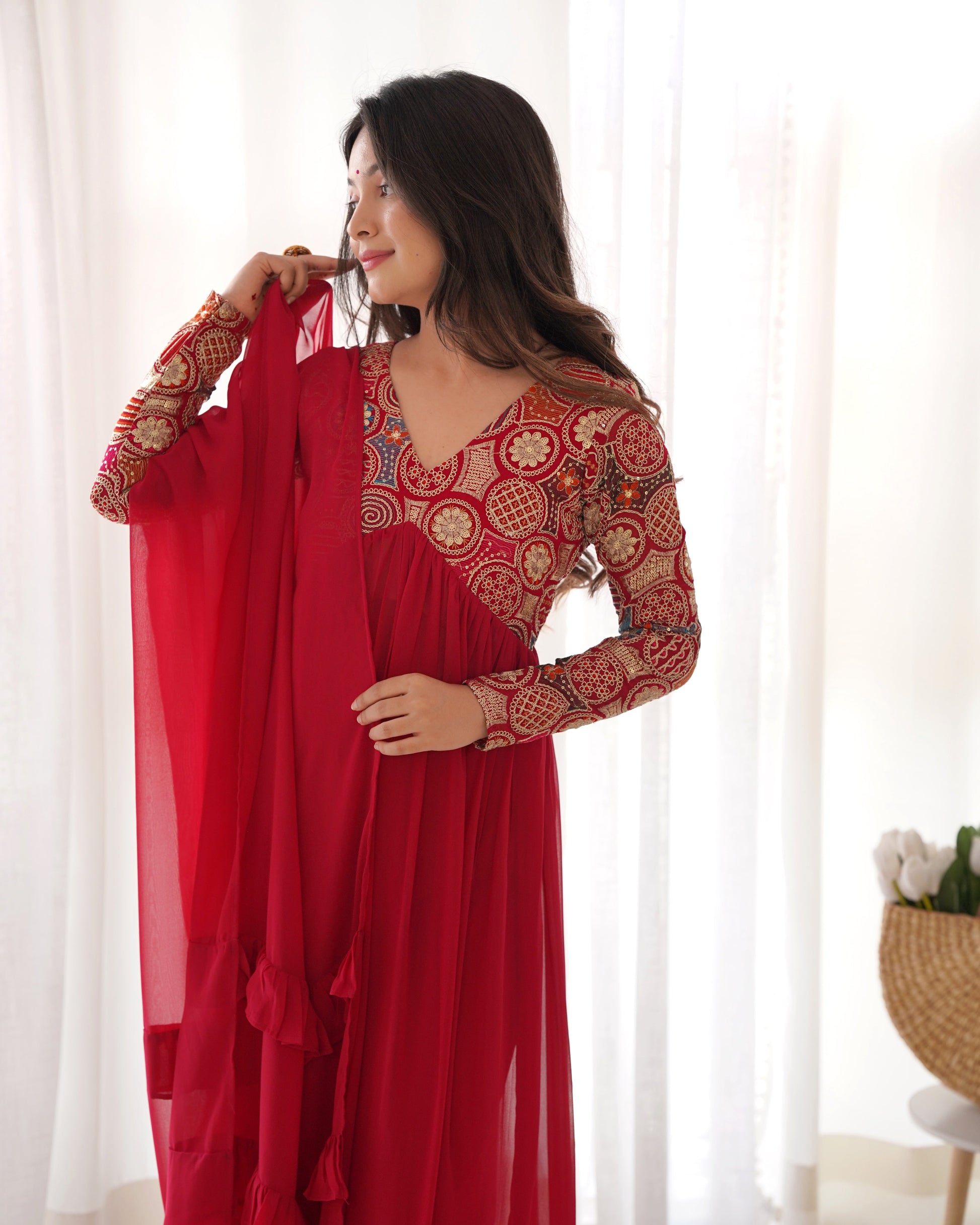 Classy Red Faux Georgette Sequins Dori Thread Zari Worked Anarkali Pant Suit - INDIAN ELEGANCE
