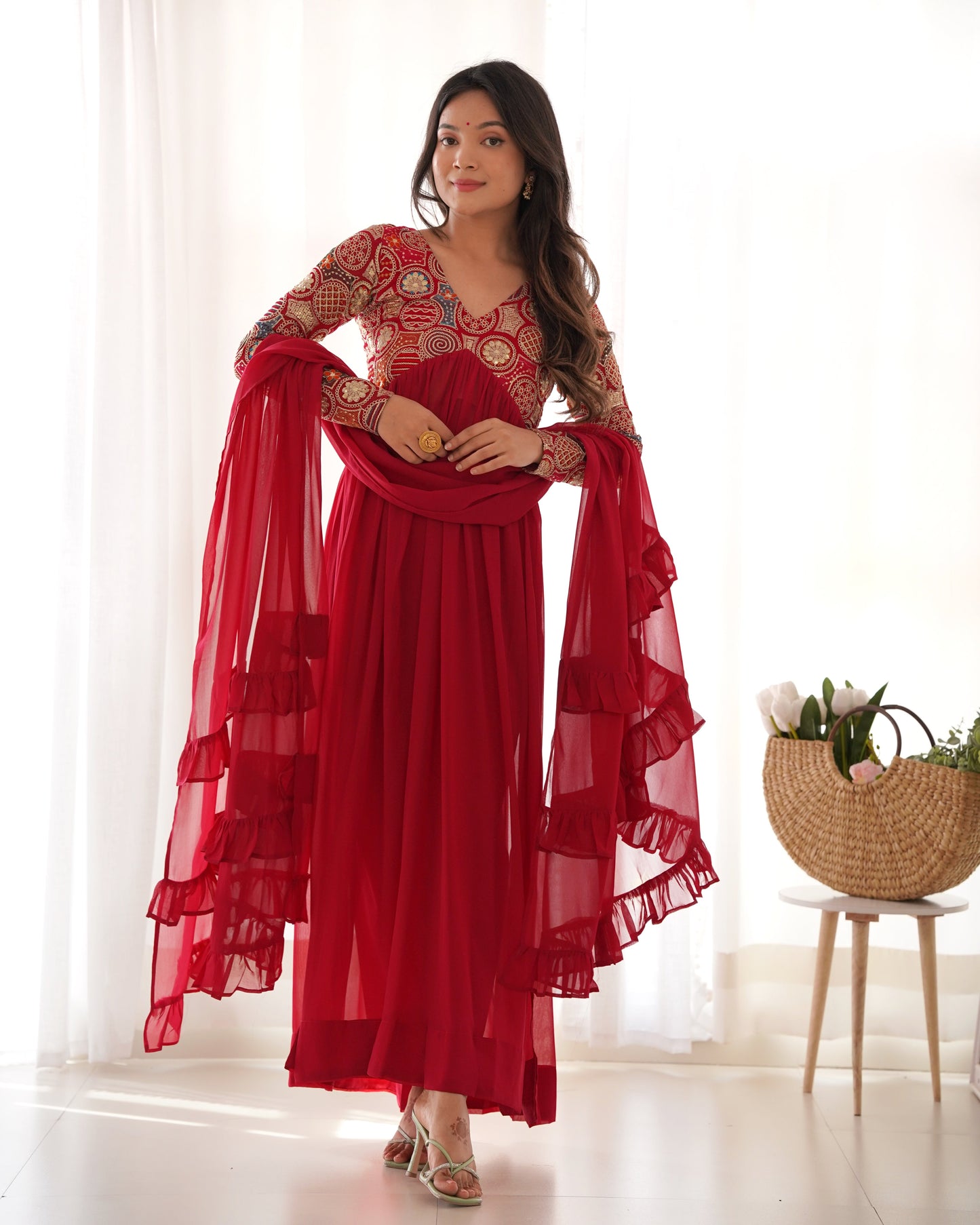 Classy Red Faux Georgette Sequins Dori Thread Zari Worked Anarkali Pant Suit - INDIAN ELEGANCE
