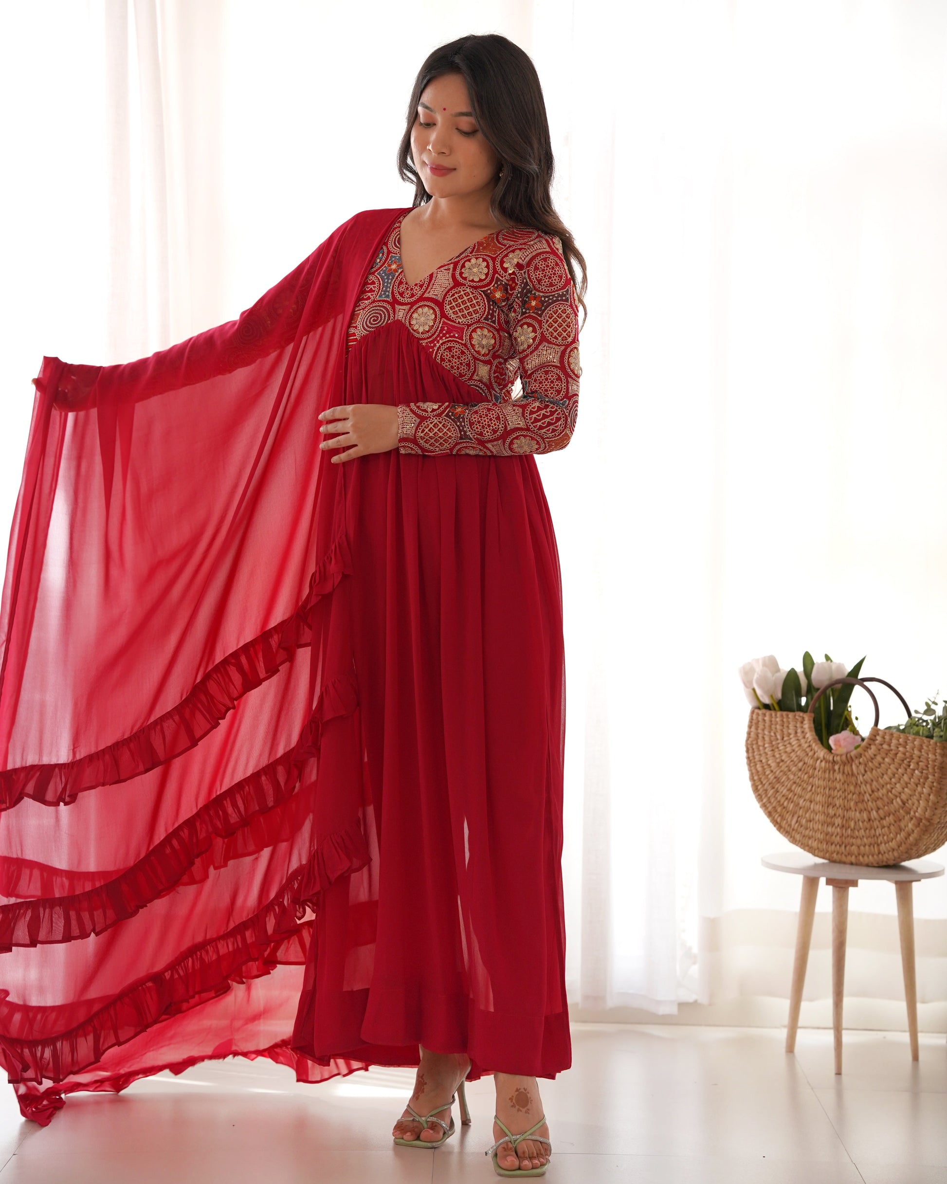 Classy Red Faux Georgette Sequins Dori Thread Zari Worked Anarkali Pant Suit - INDIAN ELEGANCE