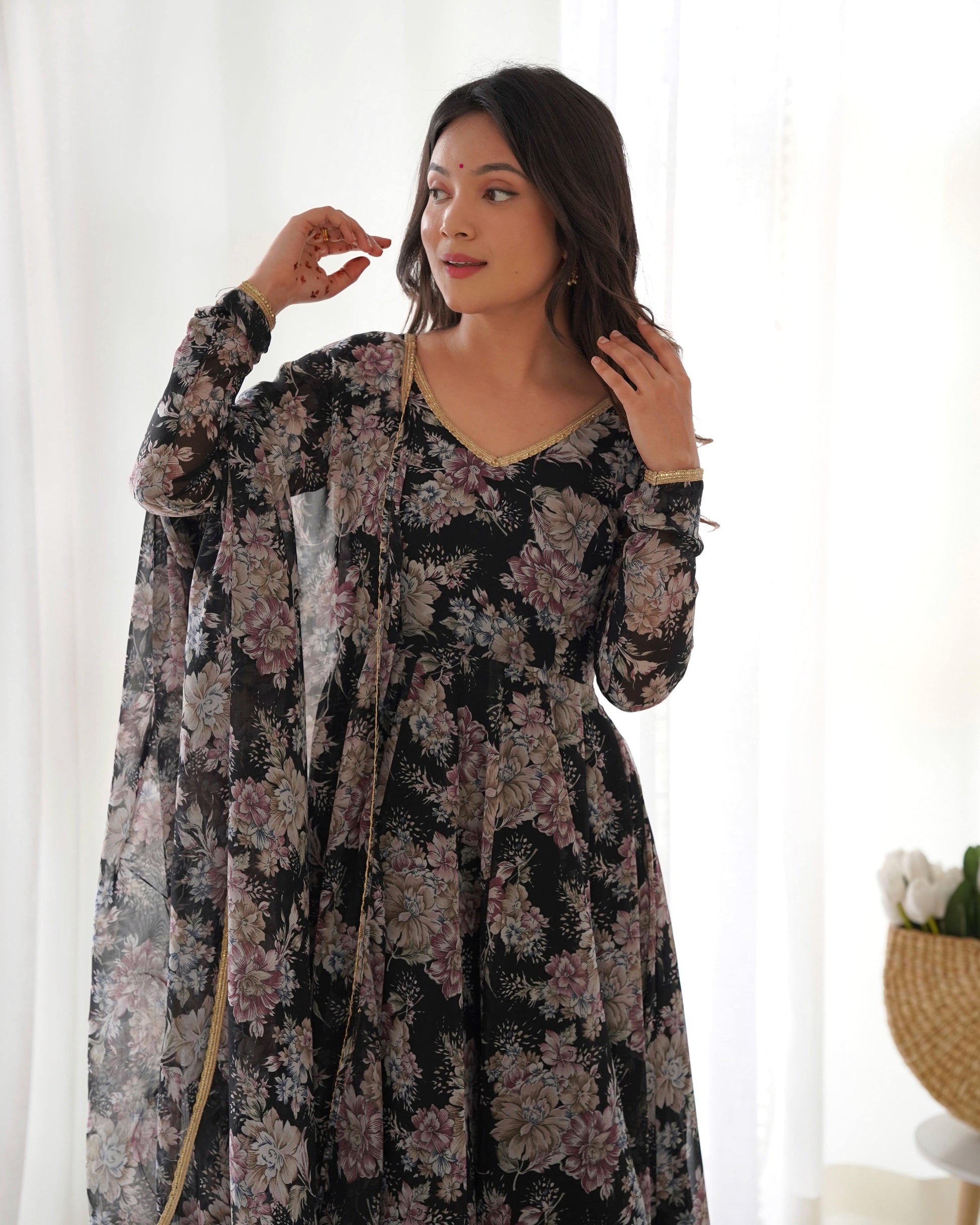 Captivating Black Floral Printed Fully Stitched Designer Anarkali Pant Suit - INDIAN ELEGANCE