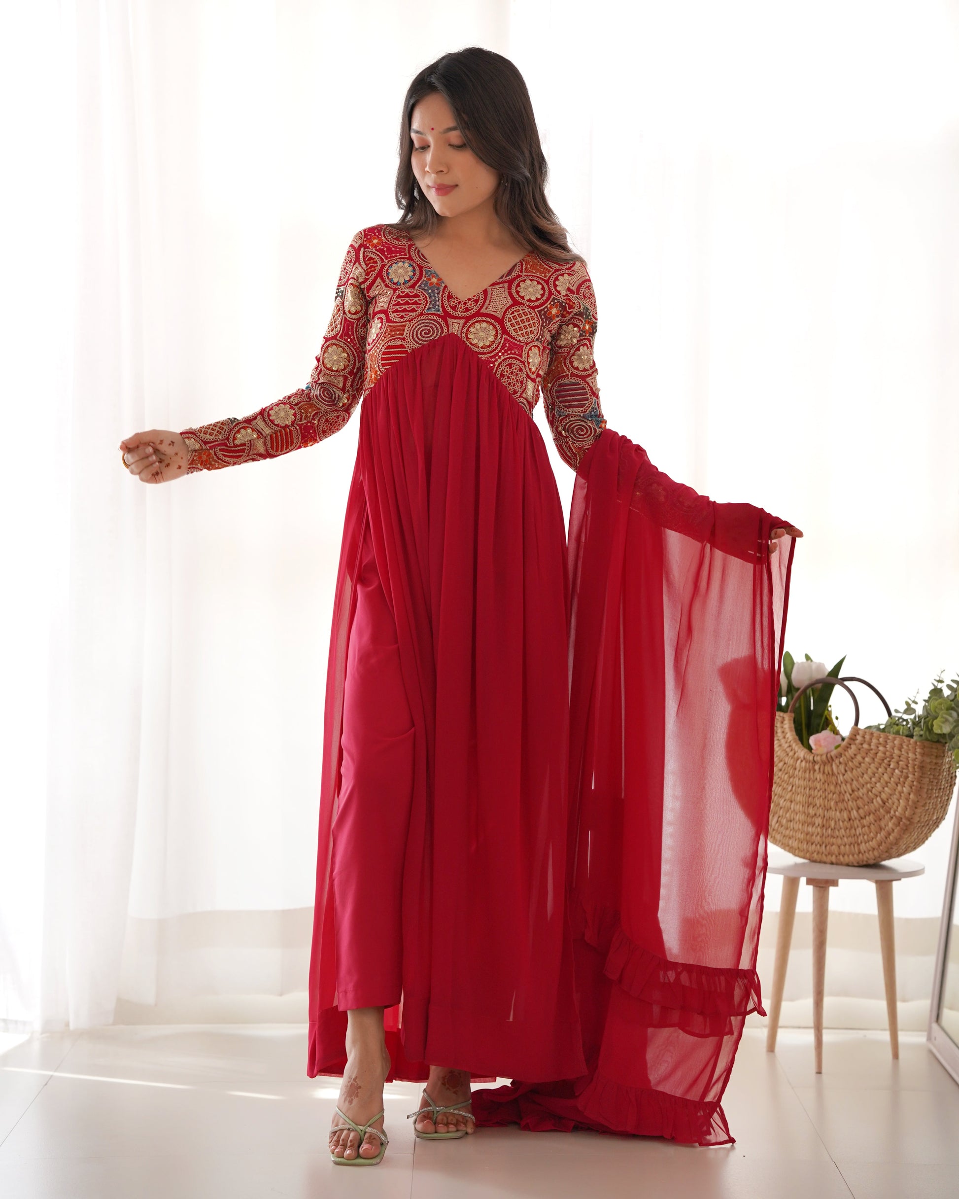 Classy Red Faux Georgette Sequins Dori Thread Zari Worked Anarkali Pant Suit - INDIAN ELEGANCE