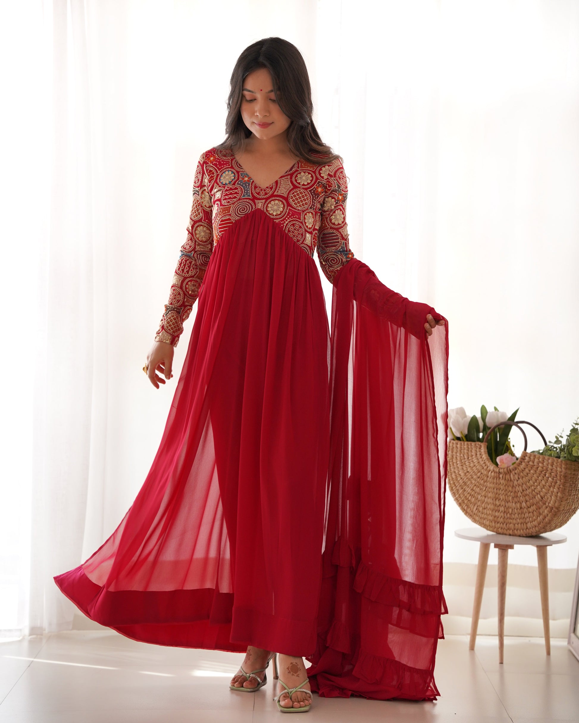 Classy Red Faux Georgette Sequins Dori Thread Zari Worked Anarkali Pant Suit - INDIAN ELEGANCE